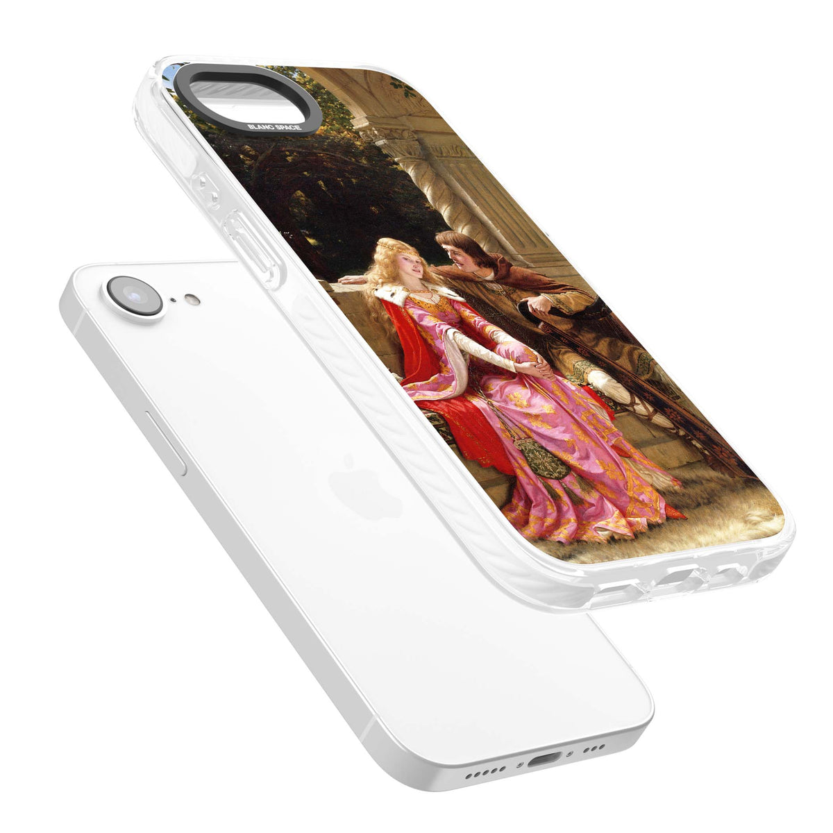 The End of the Song classic art iPhone case featuring a medieval lady in pink gown and her knight in a stone archway | Impact Magsafe case for iPhone 16e, iPhone 17e