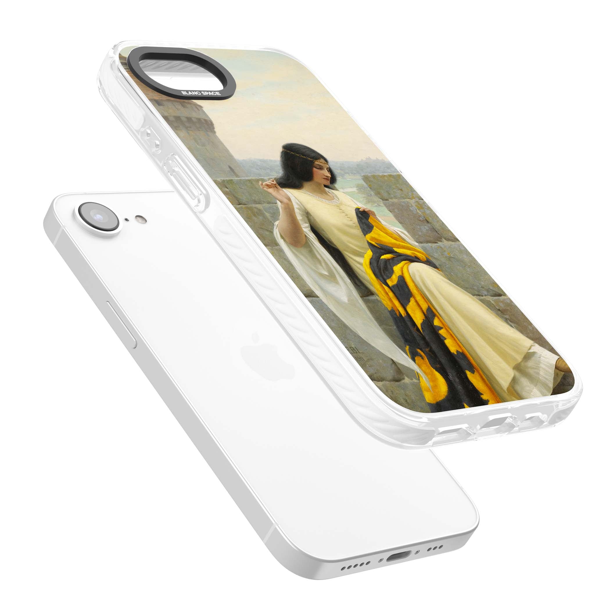 Stitching the Standard renaissance art iPhone case featuring a medieval lady sewing a golden banner on a castle wall | Impact Magsafe case for iPhone 16e, iPhone 17e