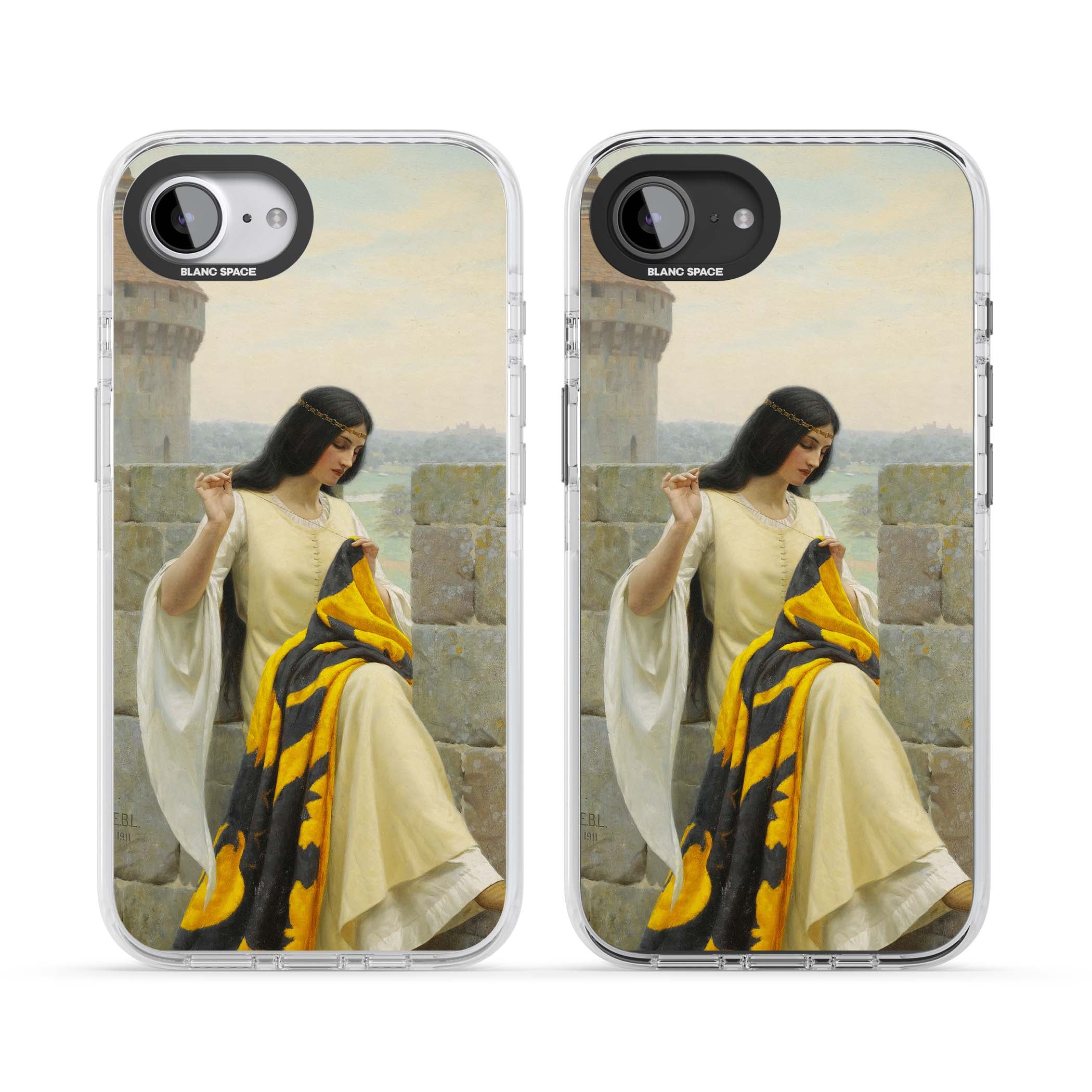 Stitching the Standard renaissance art iPhone case featuring a medieval lady sewing a golden banner on a castle wall | Impact Magsafe case for iPhone 16e, iPhone 17e