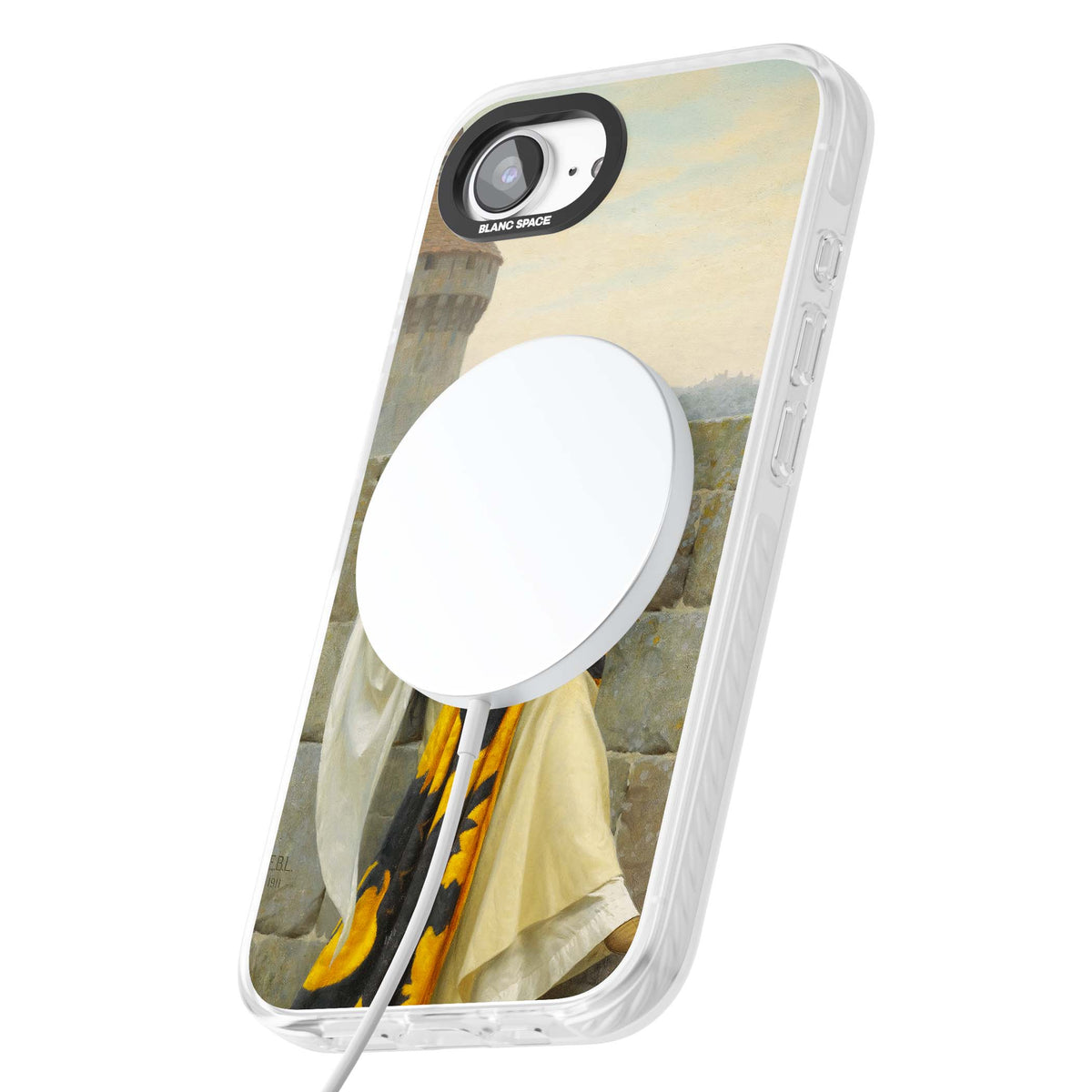 Stitching the Standard renaissance art iPhone case featuring a medieval lady sewing a golden banner on a castle wall | Impact Magsafe case for iPhone 16e, iPhone 17e