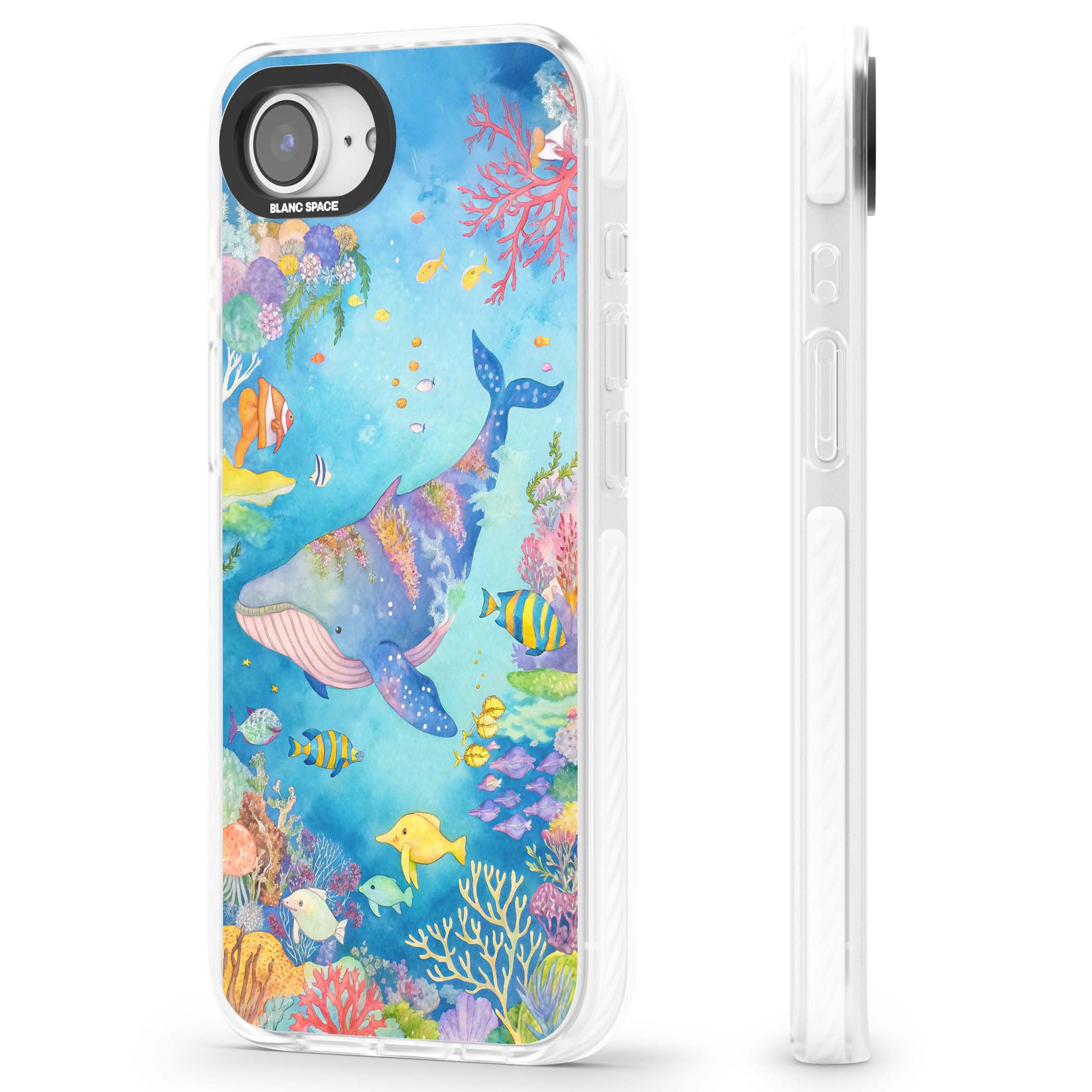 Coral Lagoon ocean iPhone case featuring a watercolour whale, coral reef and tropical fish | Impact Magsafe case for iPhone 16e, iPhone 17e