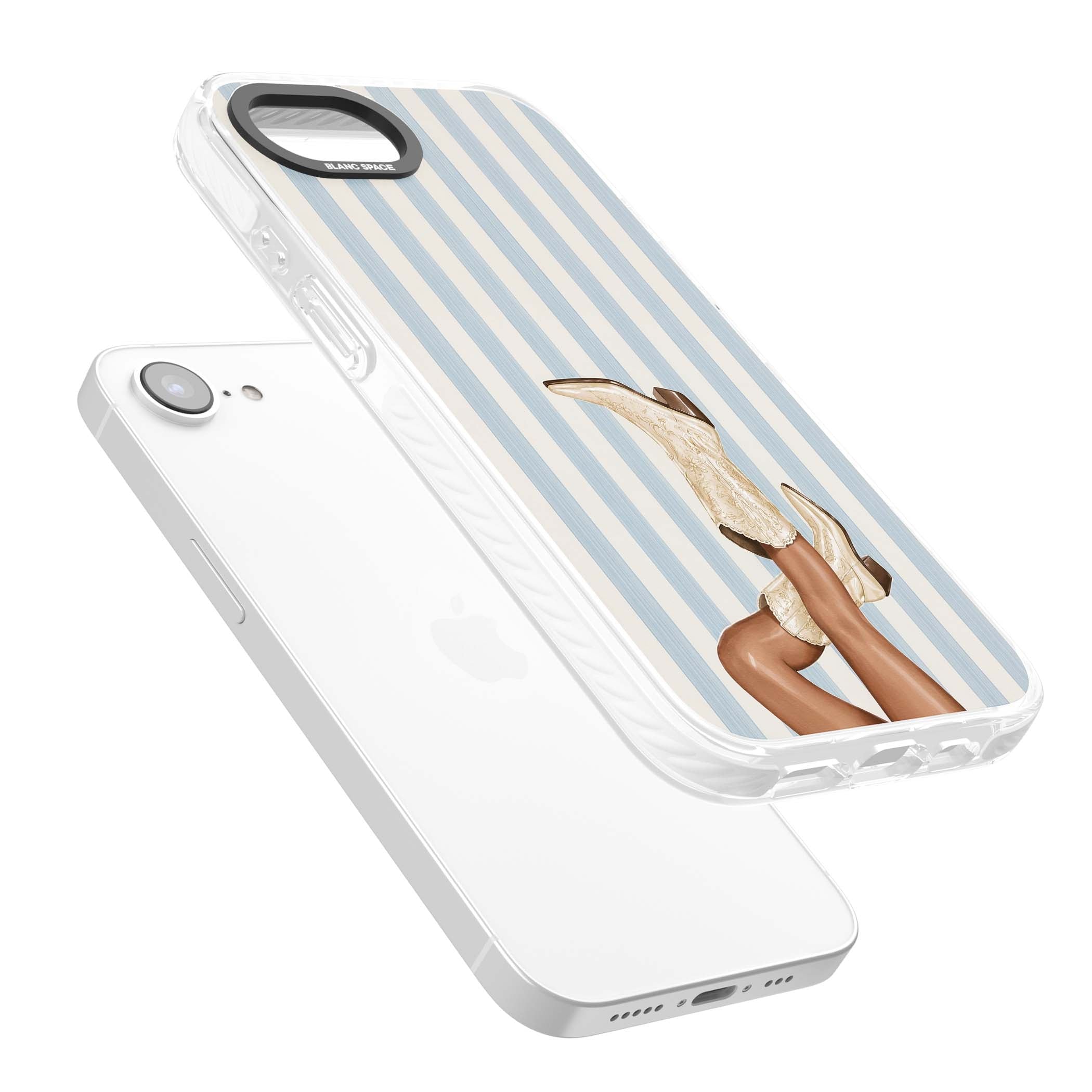 Cowgirl Boots coastal cowgirl iPhone case featuring embroidered western boots, tanned legs and a blue stripe backdrop | Impact Magsafe case for iPhone 16e, iPhone 17e