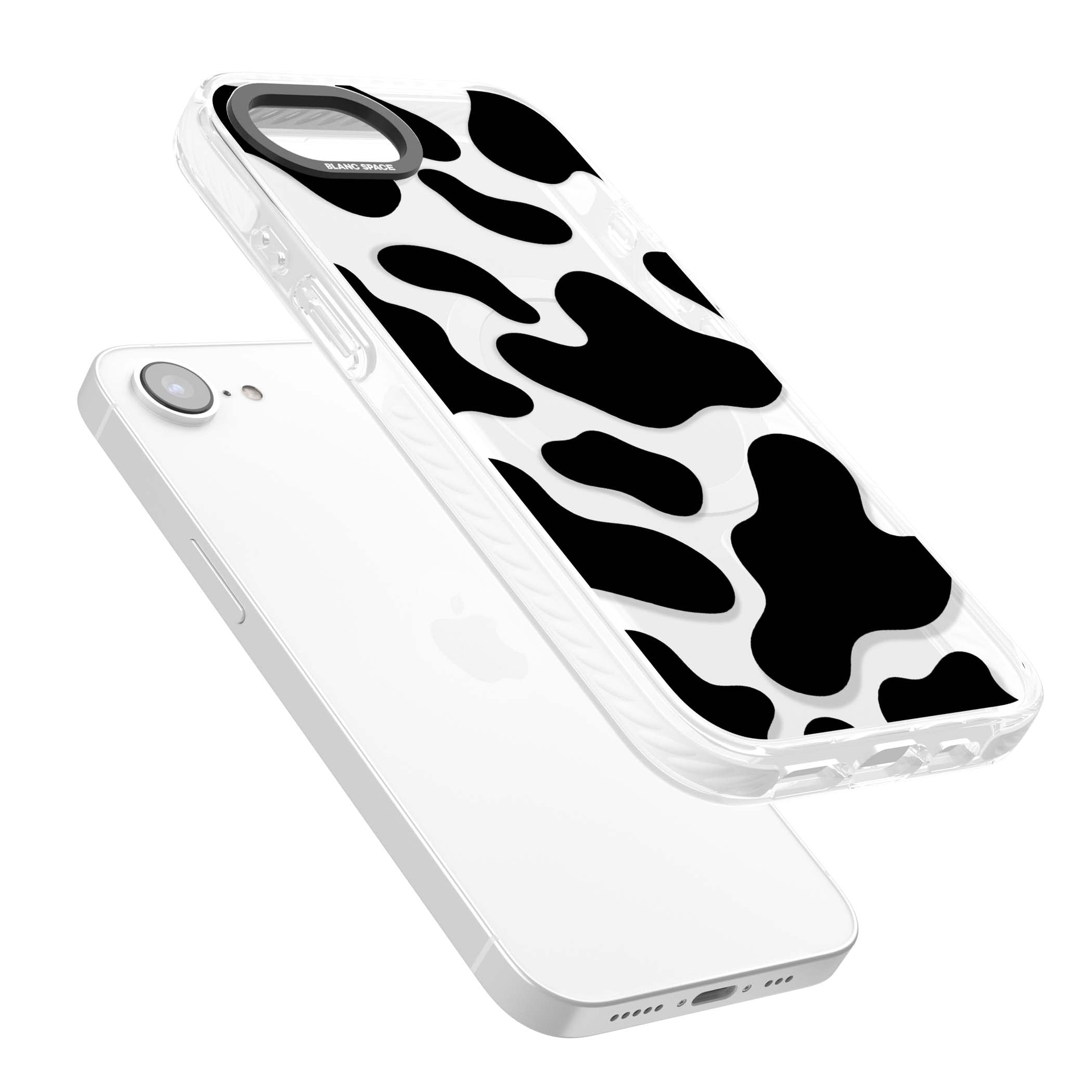 Clear Cow Print cow print iPhone case featuring black and white cow pattern splotches on a clear background | Impact Magsafe case for iPhone 16e, iPhone 17e
