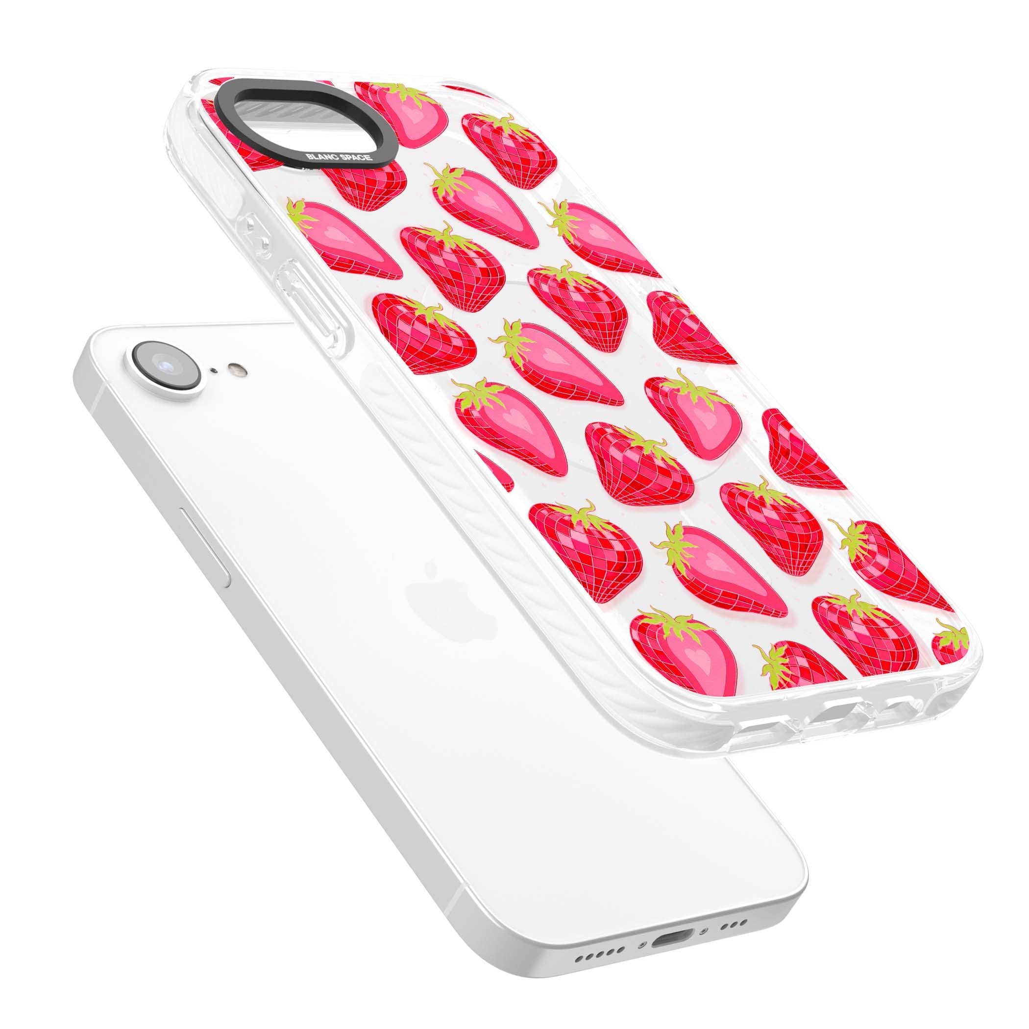Disco Strawberry Y2K iPhone case featuring pink disco-ball strawberries, green leaves and tiny sparkles | Impact Magsafe case for iPhone 16e, iPhone 17e