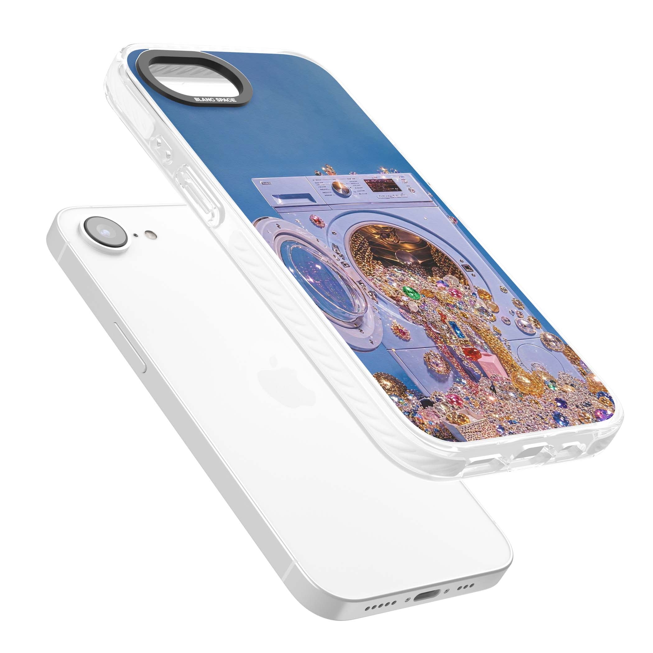 Gem Laundry baddie iPhone case featuring a surreal washing machine overflowing with colourful gemstones and crystals | Impact Magsafe case for iPhone 16e, iPhone 17e