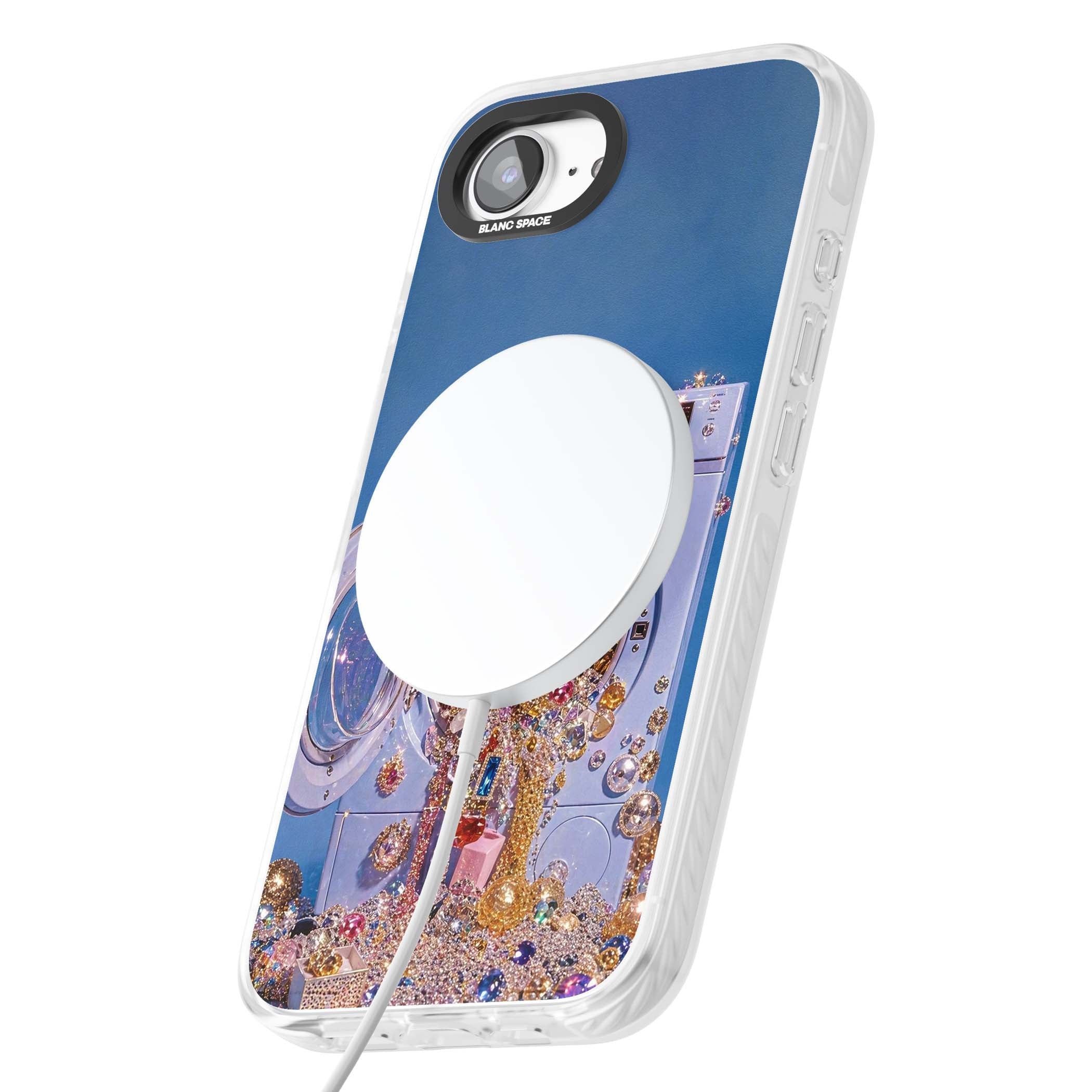 Gem Laundry baddie iPhone case featuring a surreal washing machine overflowing with colourful gemstones and crystals | Impact Magsafe case for iPhone 16e, iPhone 17e