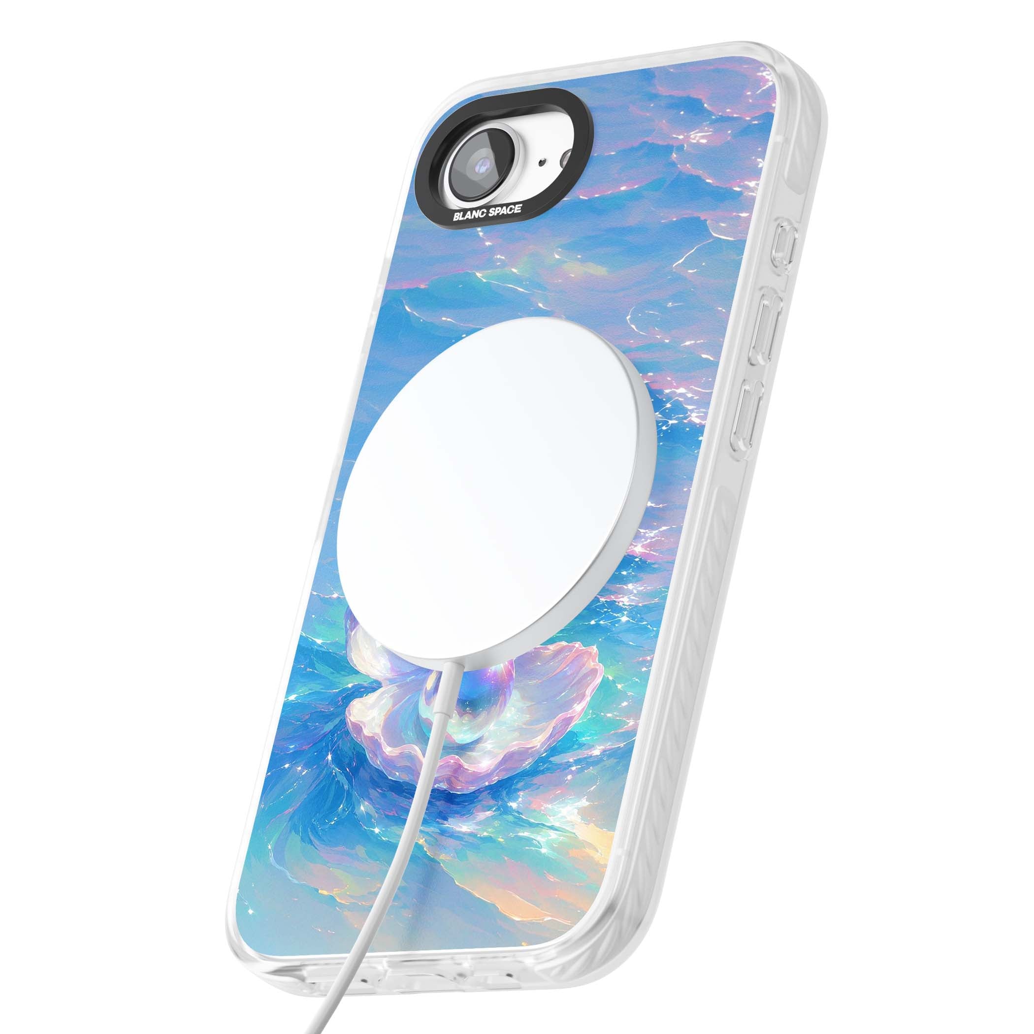 The Pearl Clam mermaidcore iPhone case featuring iridescent seashell, glowing pearl and pastel ocean waves | Impact Magsafe case for iPhone 16e, iPhone 17e