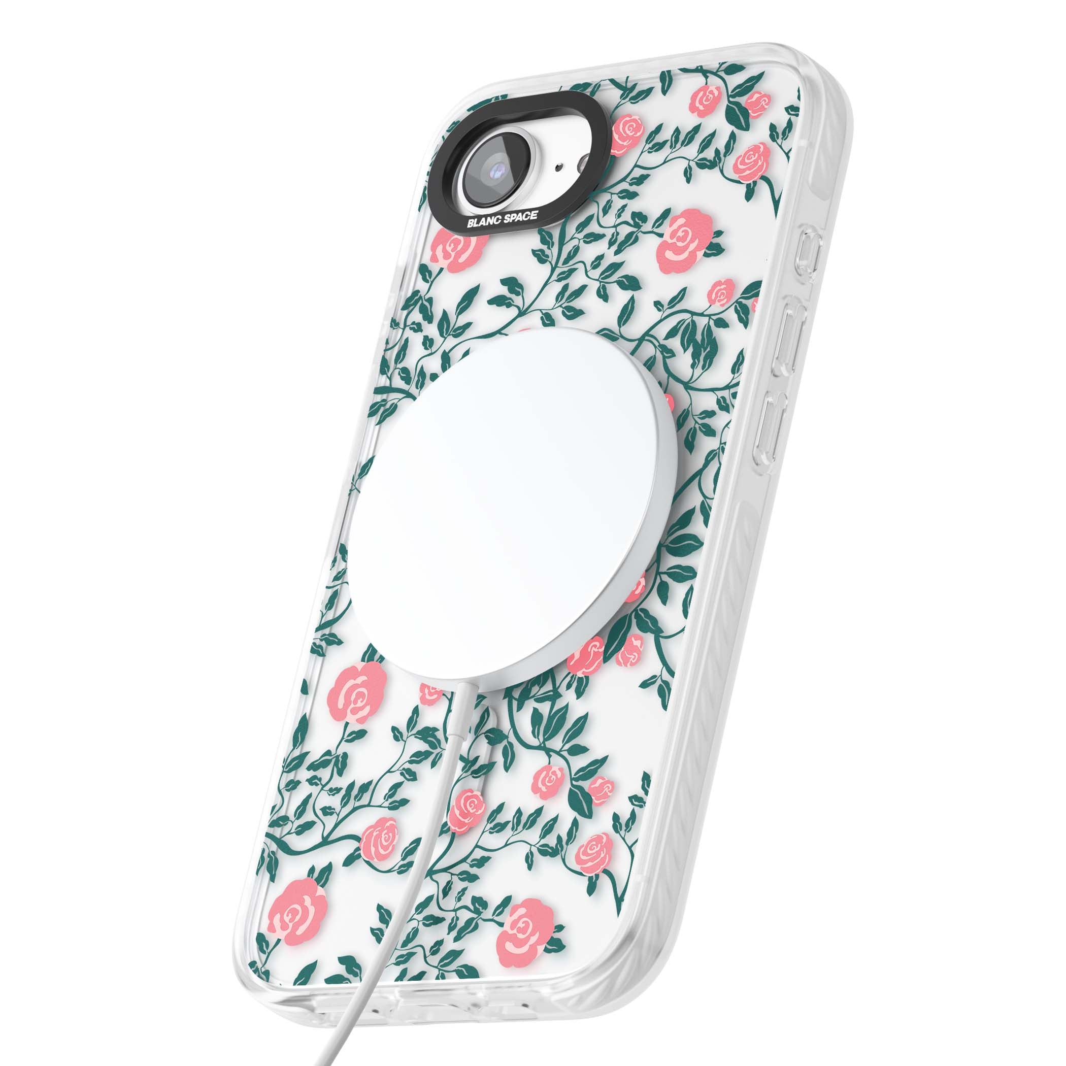 Rose Trellis (Clear) cottagecore iPhone case featuring pink climbing roses and green leaves on clear background | Impact Magsafe case for iPhone 16e, iPhone 17e