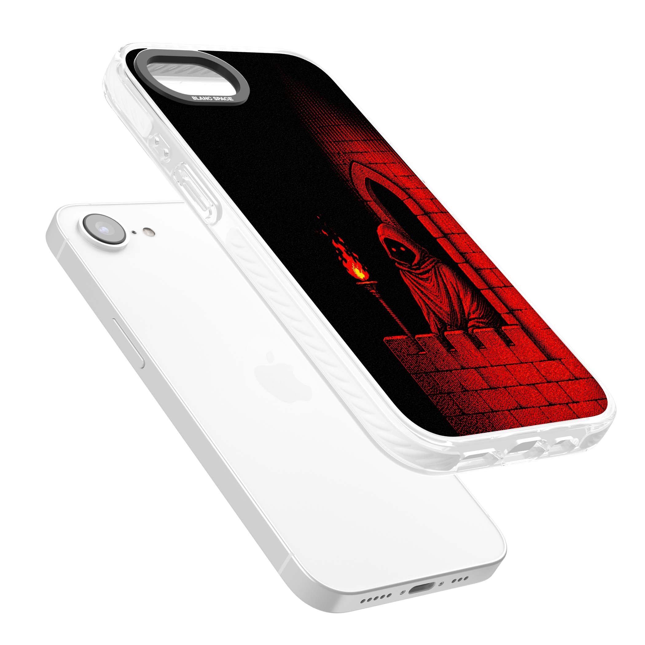 Crimson Crypt gothic iPhone case featuring a hooded reaper, torchlit crypt archway and red halftone horror art | Impact Magsafe case for iPhone 16e, iPhone 17e