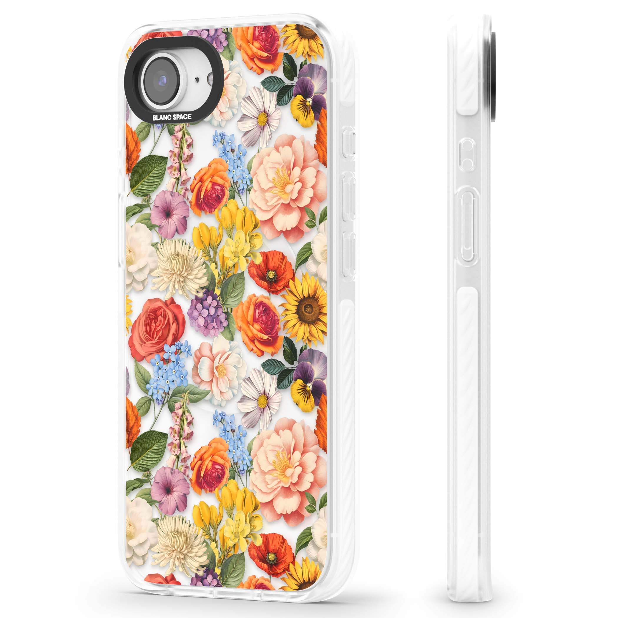 Bloom Basket floral iPhone case featuring cottage garden flowers including peonies, sunflowers, and wildflowers in pastel col | Impact Magsafe case for iPhone 16e, iPhone 17e