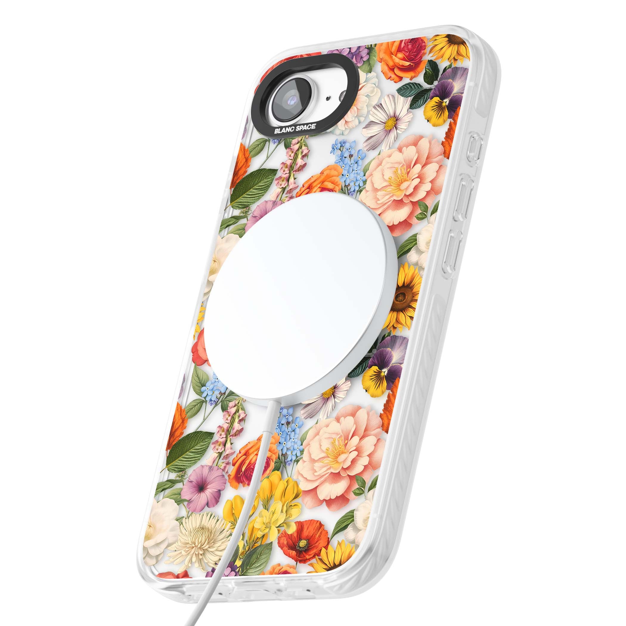 Bloom Basket floral iPhone case featuring cottage garden flowers including peonies, sunflowers, and wildflowers in pastel col | Impact Magsafe case for iPhone 16e, iPhone 17e