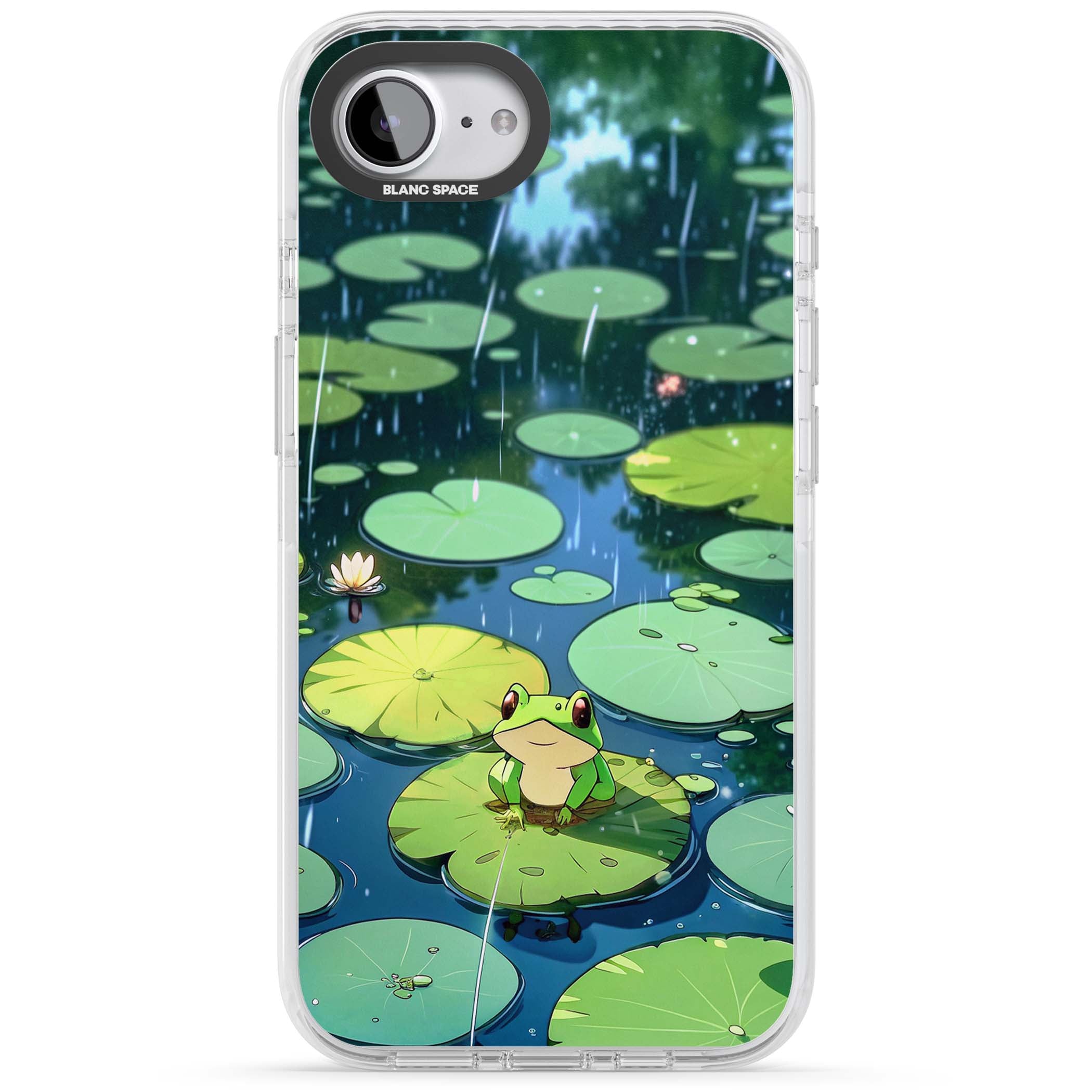 Frog In Lily Pond cottagecore iPhone case featuring a cute green frog on a lily pad with falling rain and a lotus flower | Impact Magsafe case for iPhone 16e, iPhone 17e