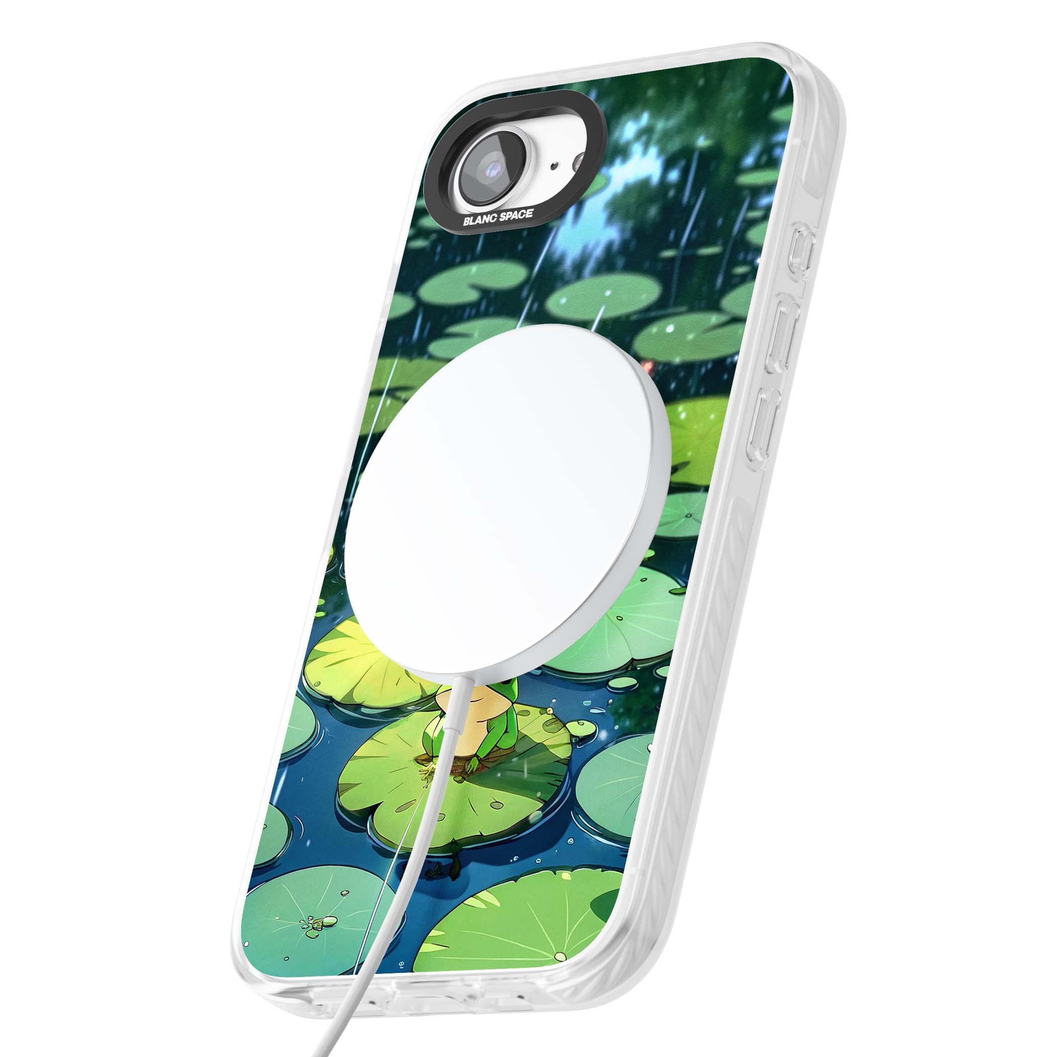 Frog In Lily Pond cottagecore iPhone case featuring a cute green frog on a lily pad with falling rain and a lotus flower | Impact Magsafe case for iPhone 16e, iPhone 17e