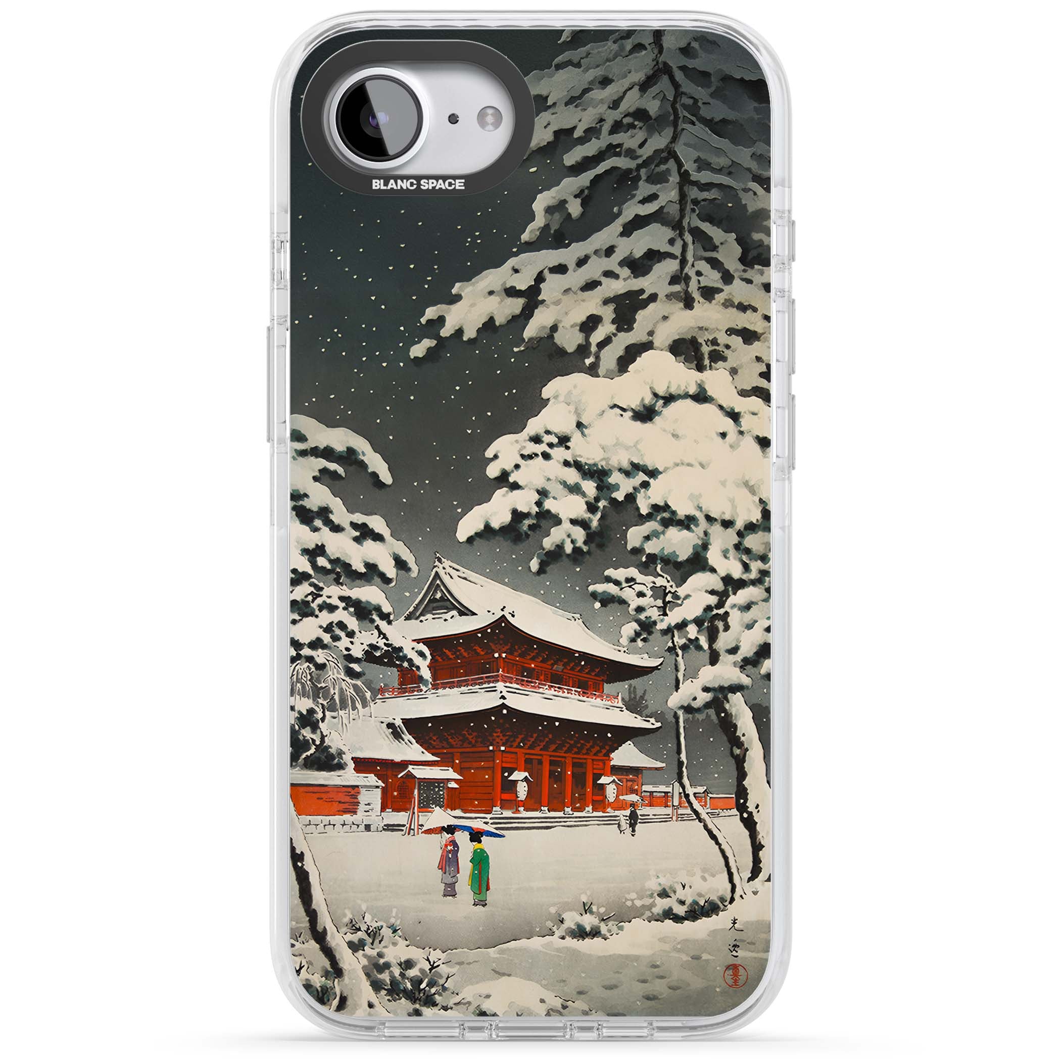 Snow at Shiha Park, Tokyo Japanese art iPhone case featuring a vintage ukiyo-e snowy temple, red pagoda, and snow-covered pin | Impact Magsafe case for iPhone 16e, iPhone 17e