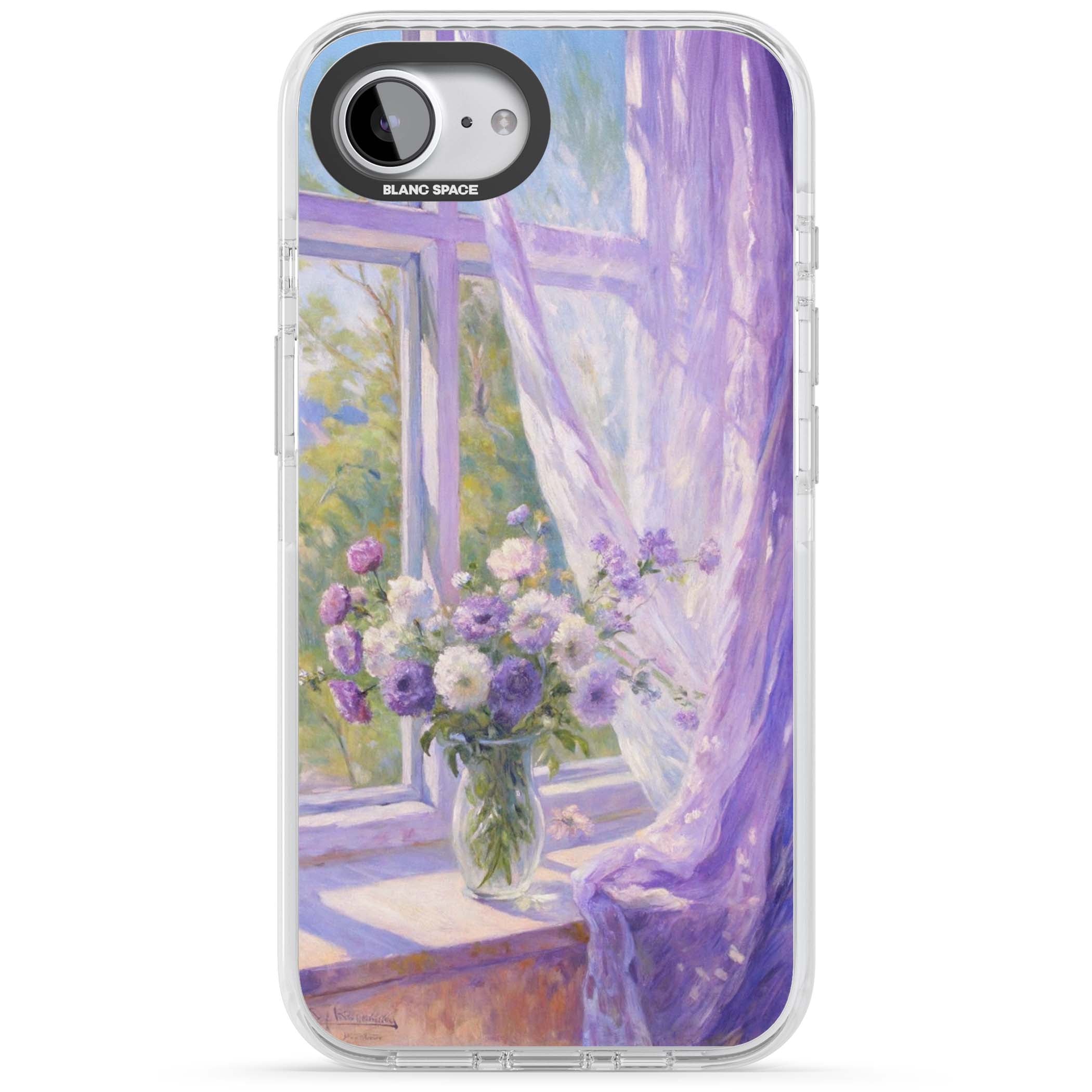 A Provence Morning impressionist art iPhone case featuring a vase of purple flowers, sunlit window and sheer curt | Impact Magsafe case for iPhone 16e, iPhone 17e