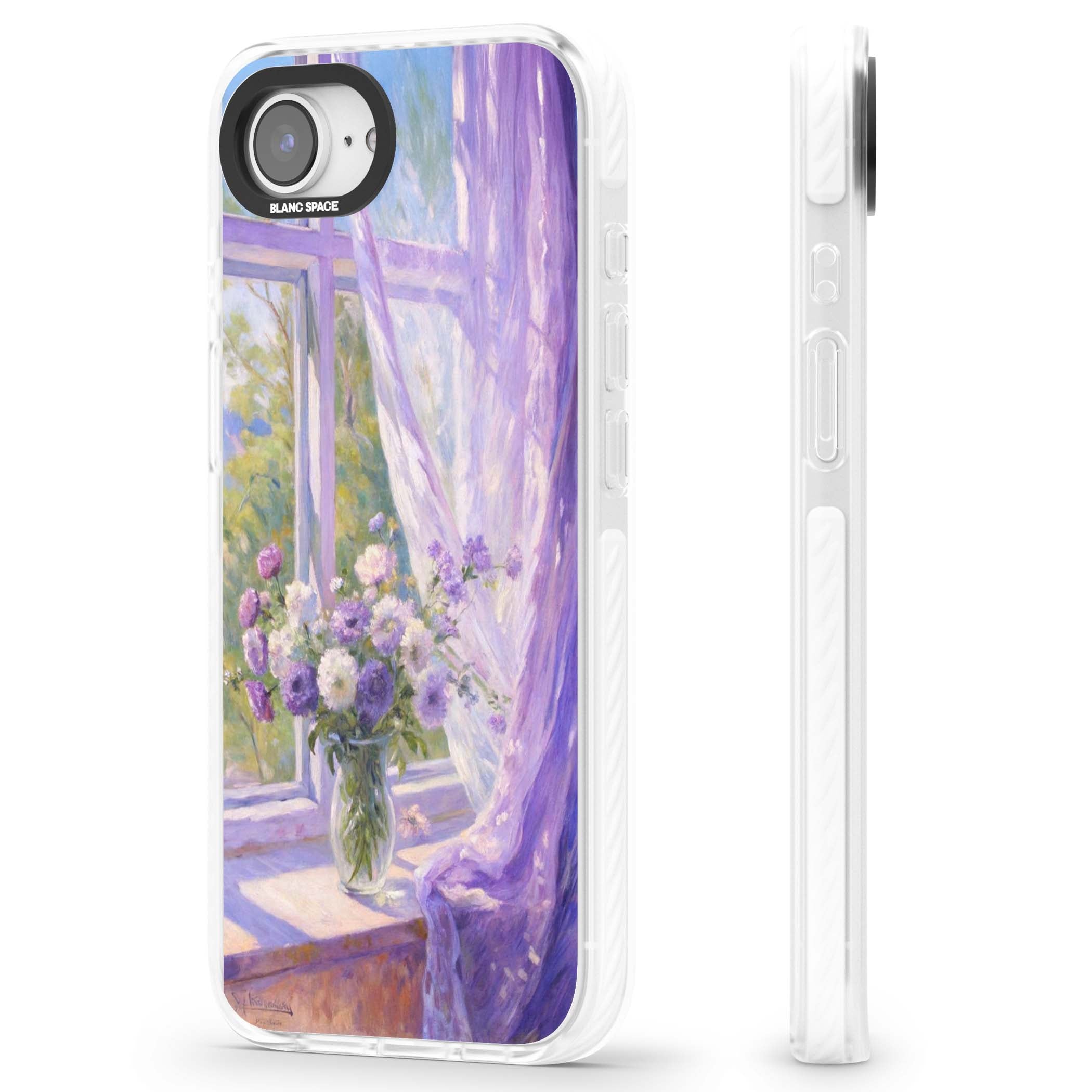 A Provence Morning impressionist art iPhone case featuring a vase of purple flowers, sunlit window and sheer curt | Impact Magsafe case for iPhone 16e, iPhone 17e