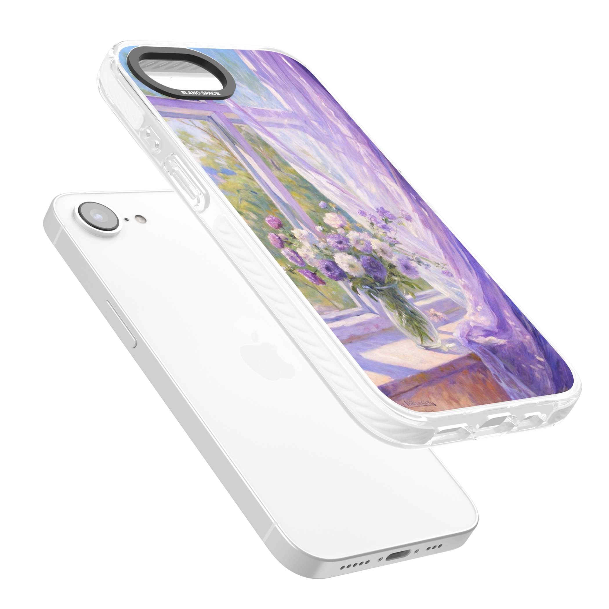 A Provence Morning impressionist art iPhone case featuring a vase of purple flowers, sunlit window and sheer curt | Impact Magsafe case for iPhone 16e, iPhone 17e