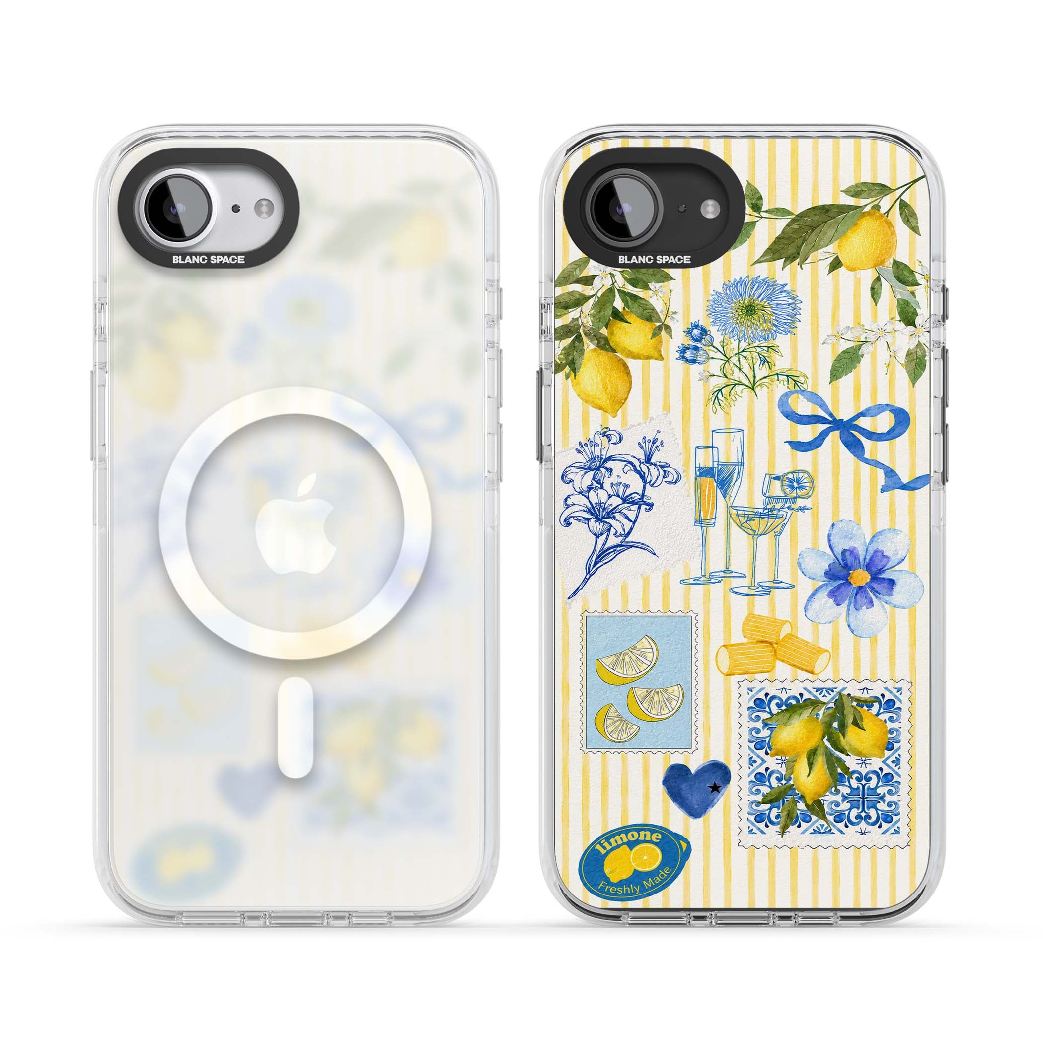 Limone Riviera Italian summer iPhone case featuring watercolour lemons, blue ribbon bows and majolica tile stamps on... | Impact Magsafe case for iPhone 16e, iPhone 17e