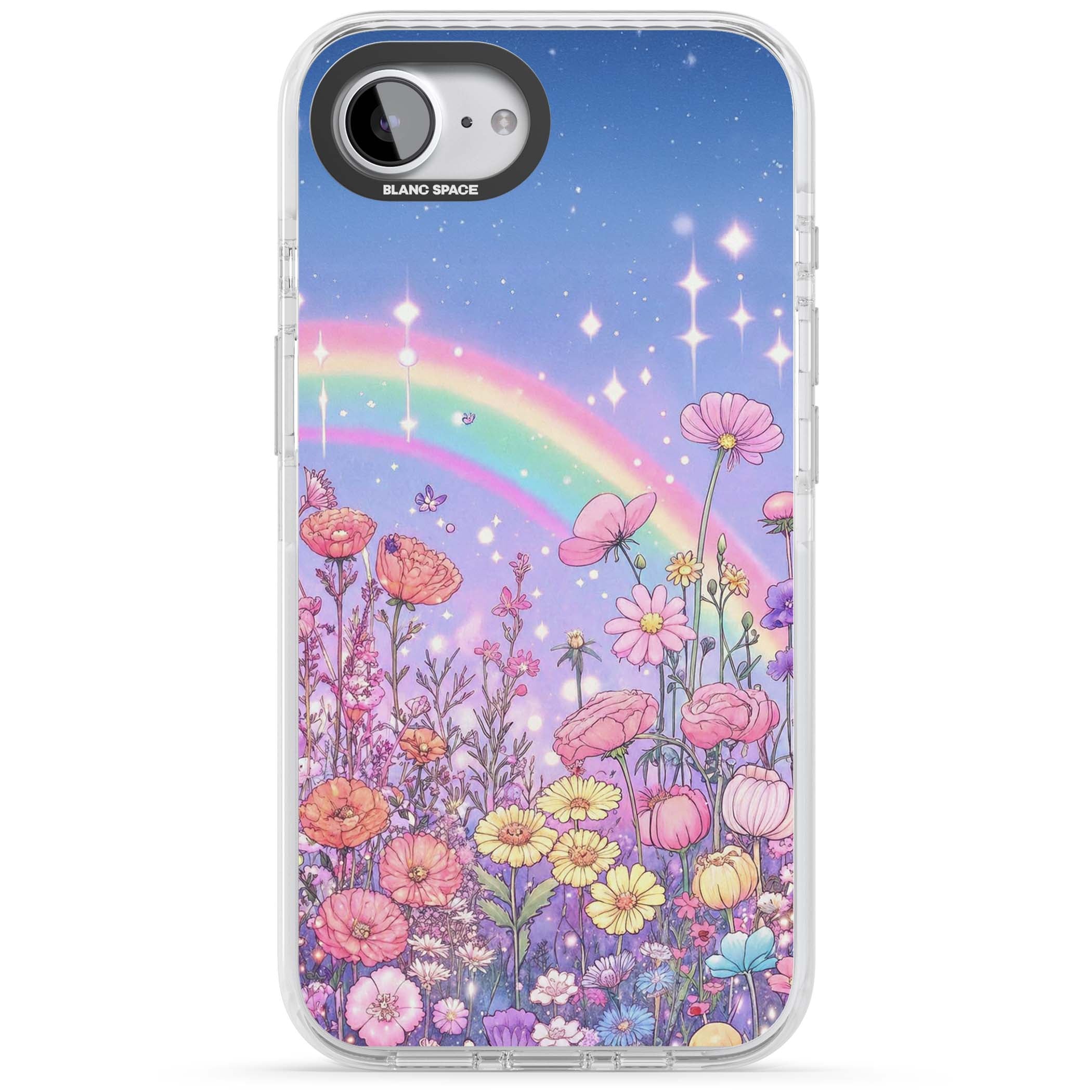Magical Meadow fairycore iPhone case featuring a pastel rainbow, sparkling stars and a wildflower meadow | Impact Magsafe case for iPhone 16e, iPhone 17e