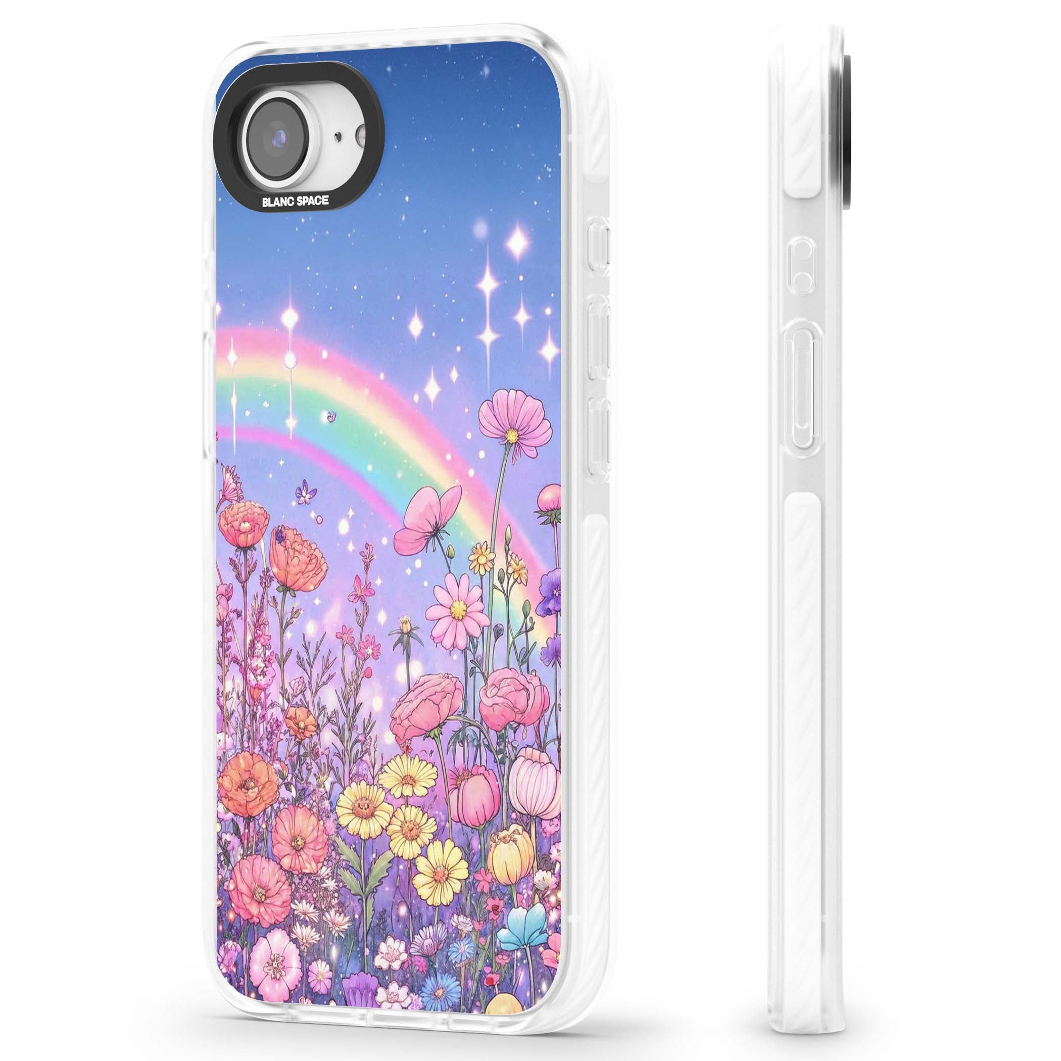Magical Meadow fairycore iPhone case featuring a pastel rainbow, sparkling stars and a wildflower meadow | Impact Magsafe case for iPhone 16e, iPhone 17e