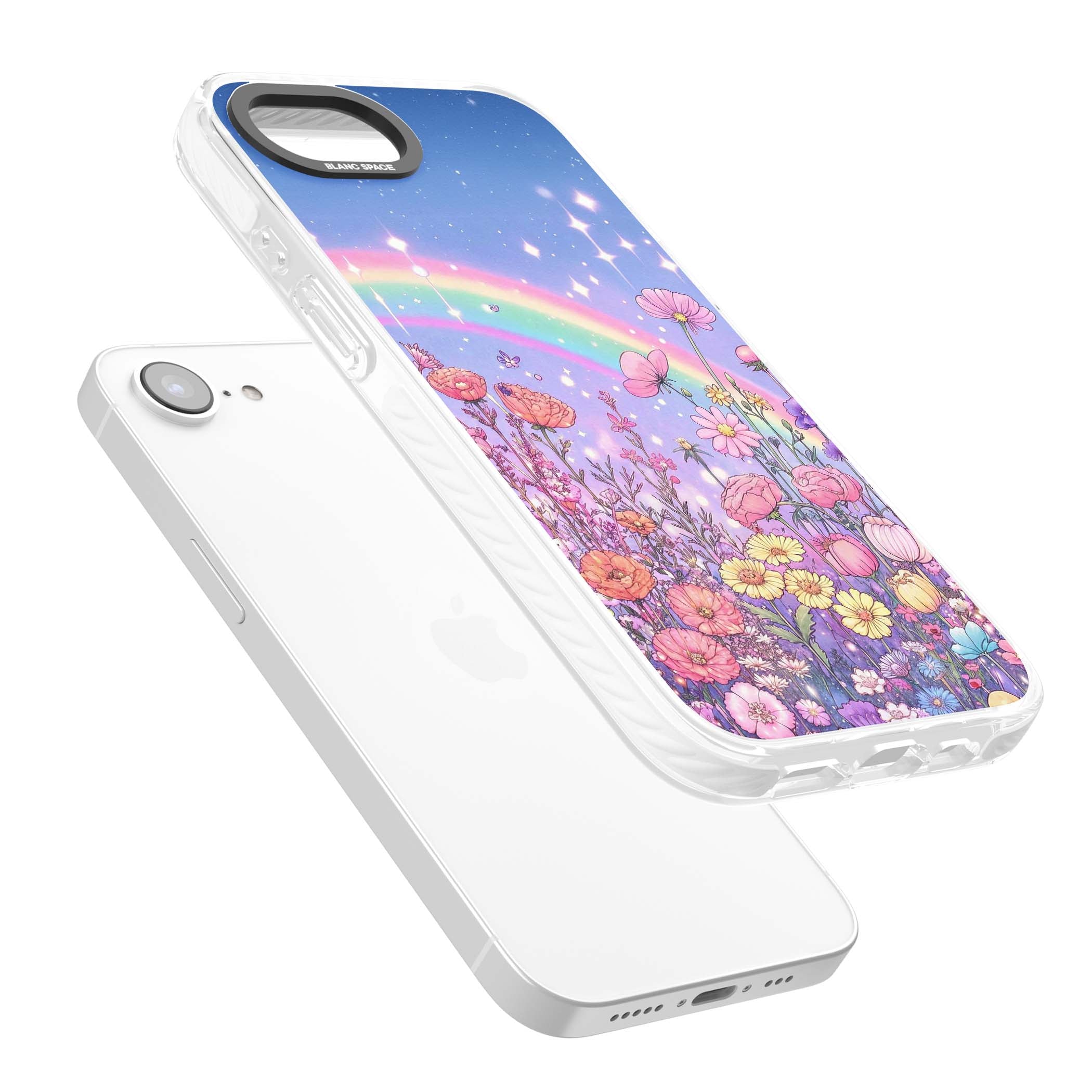 Magical Meadow fairycore iPhone case featuring a pastel rainbow, sparkling stars and a wildflower meadow | Impact Magsafe case for iPhone 16e, iPhone 17e