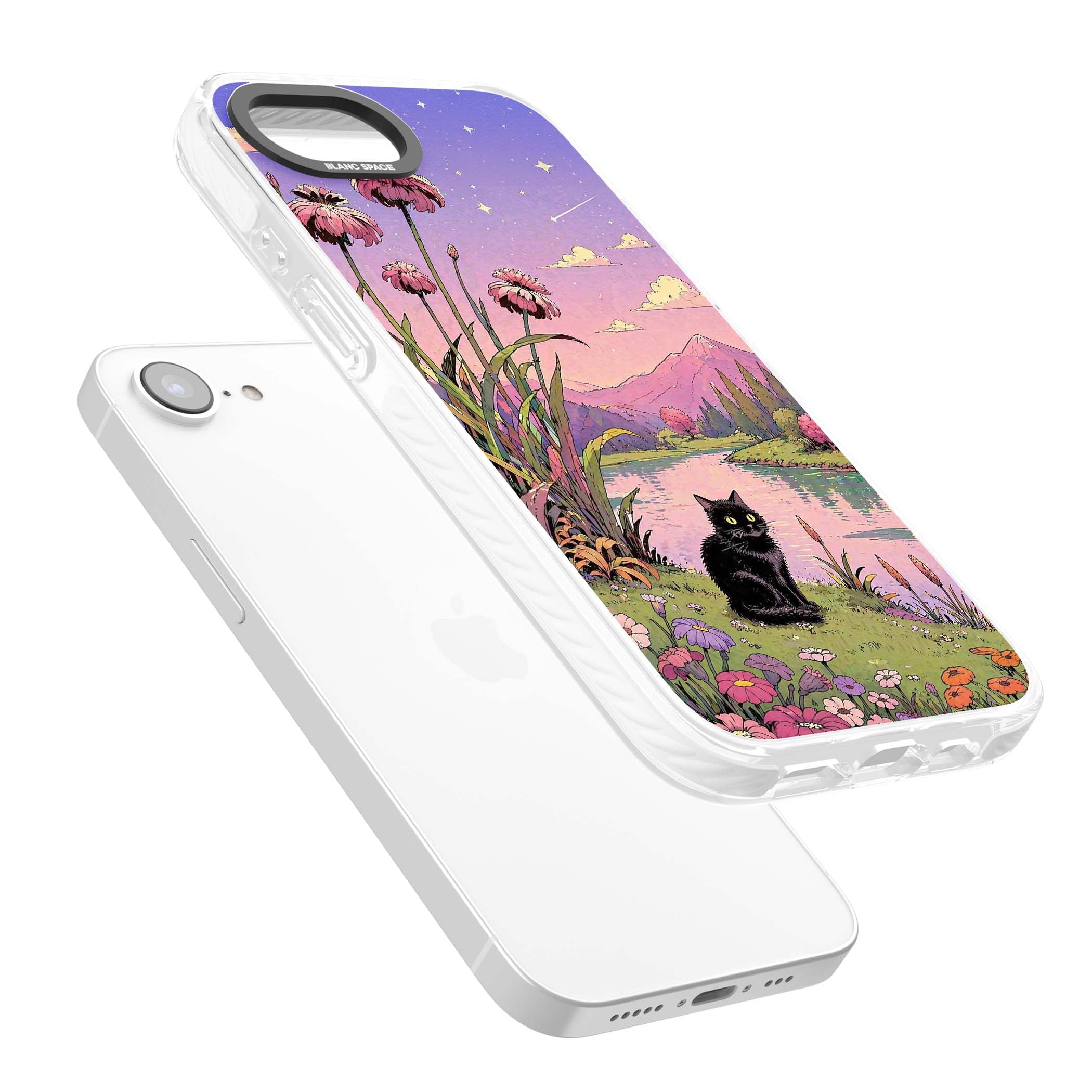 Mystic Whiskers ghibli iPhone case featuring a black cat by a pastel lake, wildflowers and a starry sunset sky | Impact Magsafe case for iPhone 16e, iPhone 17e