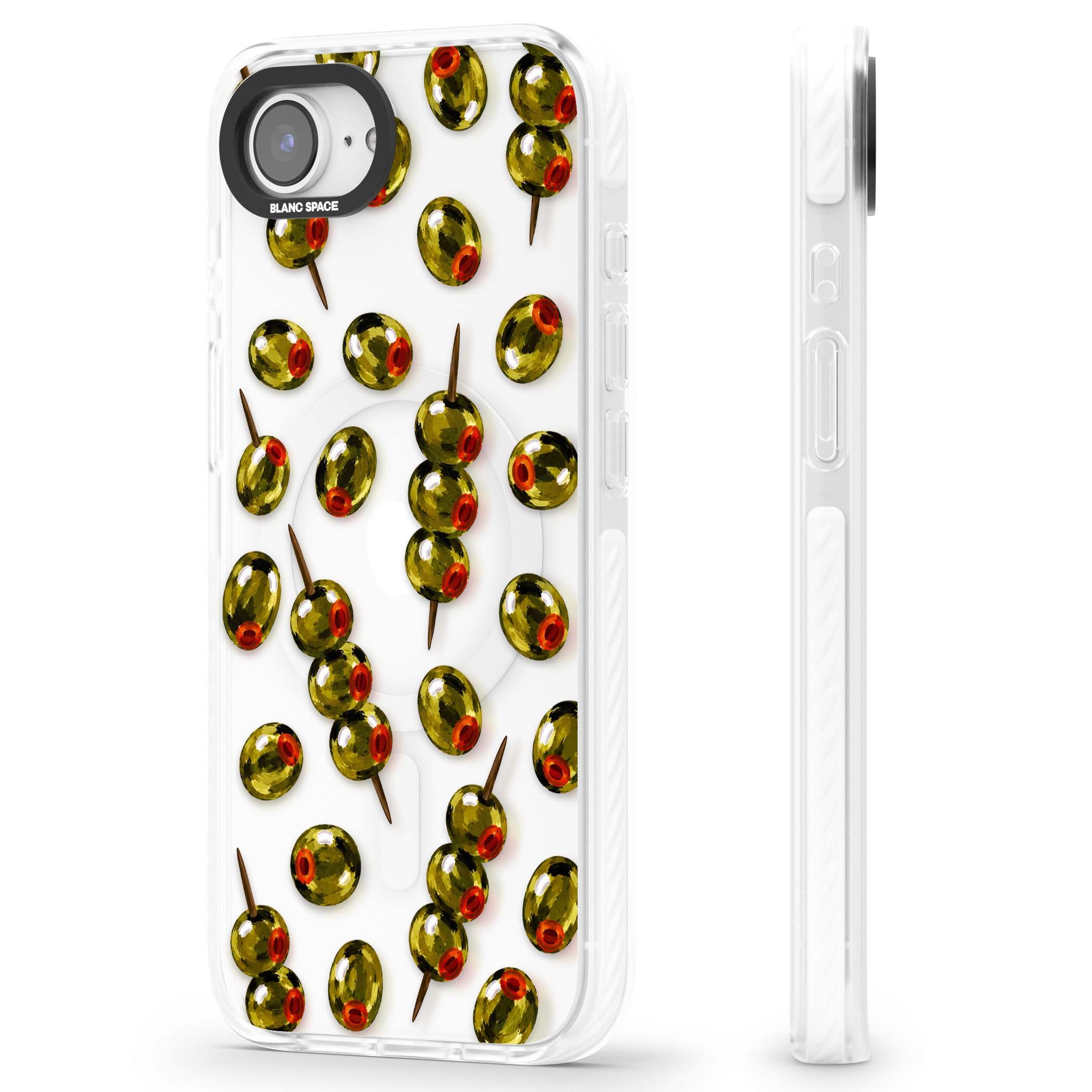 Painted Olives cocktail iPhone case featuring green olives, pimento centres and toothpick skewers on a clear background | Impact Magsafe case for iPhone 16e, iPhone 17e