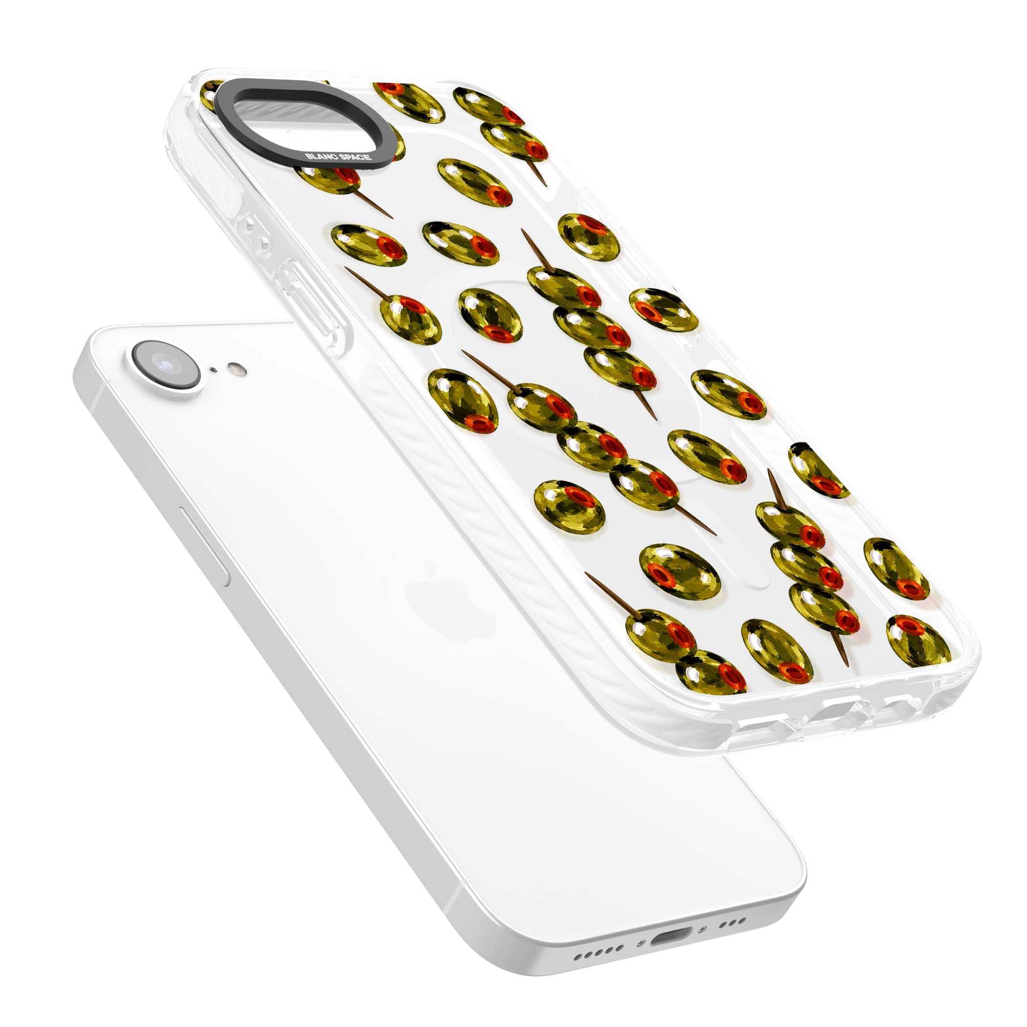 Painted Olives cocktail iPhone case featuring green olives, pimento centres and toothpick skewers on a clear background | Impact Magsafe case for iPhone 16e, iPhone 17e