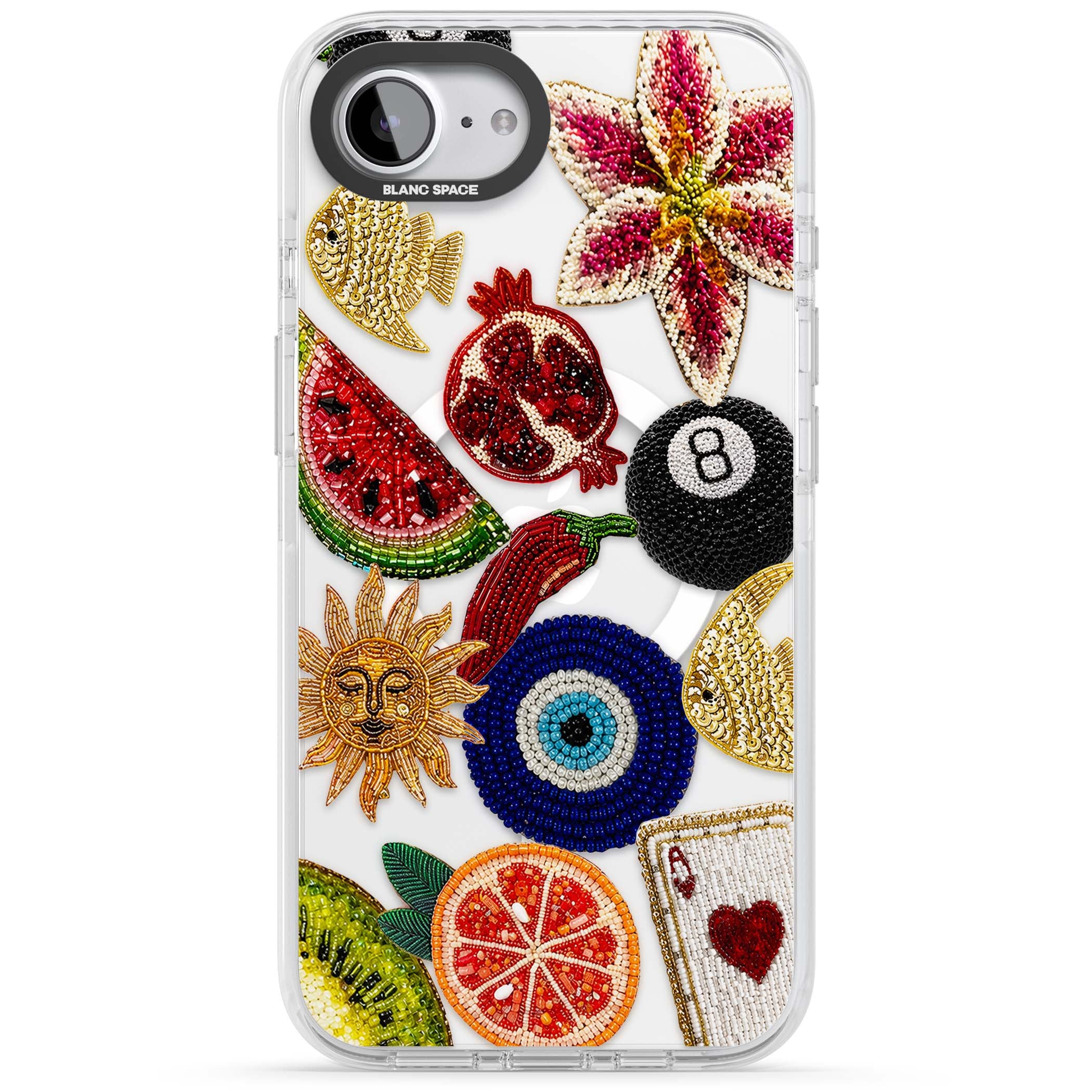 Beaded Charms embroidery iPhone case featuring beaded evil eye, fruit patches and a golden sun motif | Impact Magsafe case for iPhone 16e, iPhone 17e