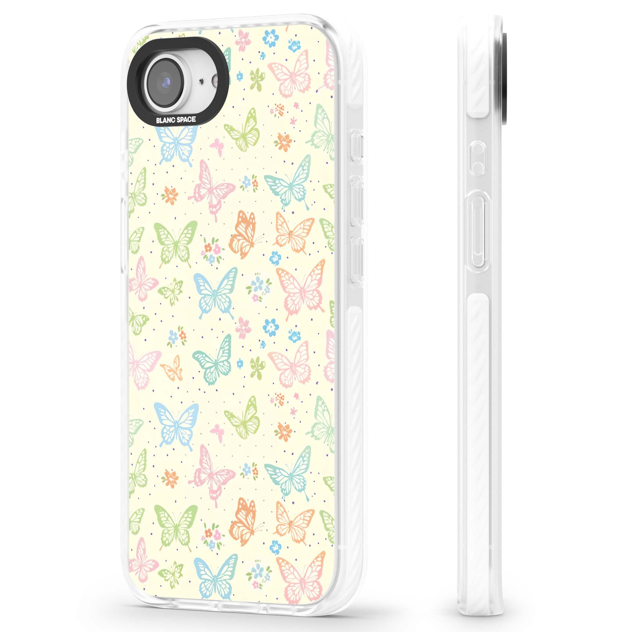 Sugar Wings cottagecore iPhone case featuring rainbow pastel butterflies, tiny wildflowers, and a cream background | Impact Magsafe case for iPhone 16e, iPhone 17e