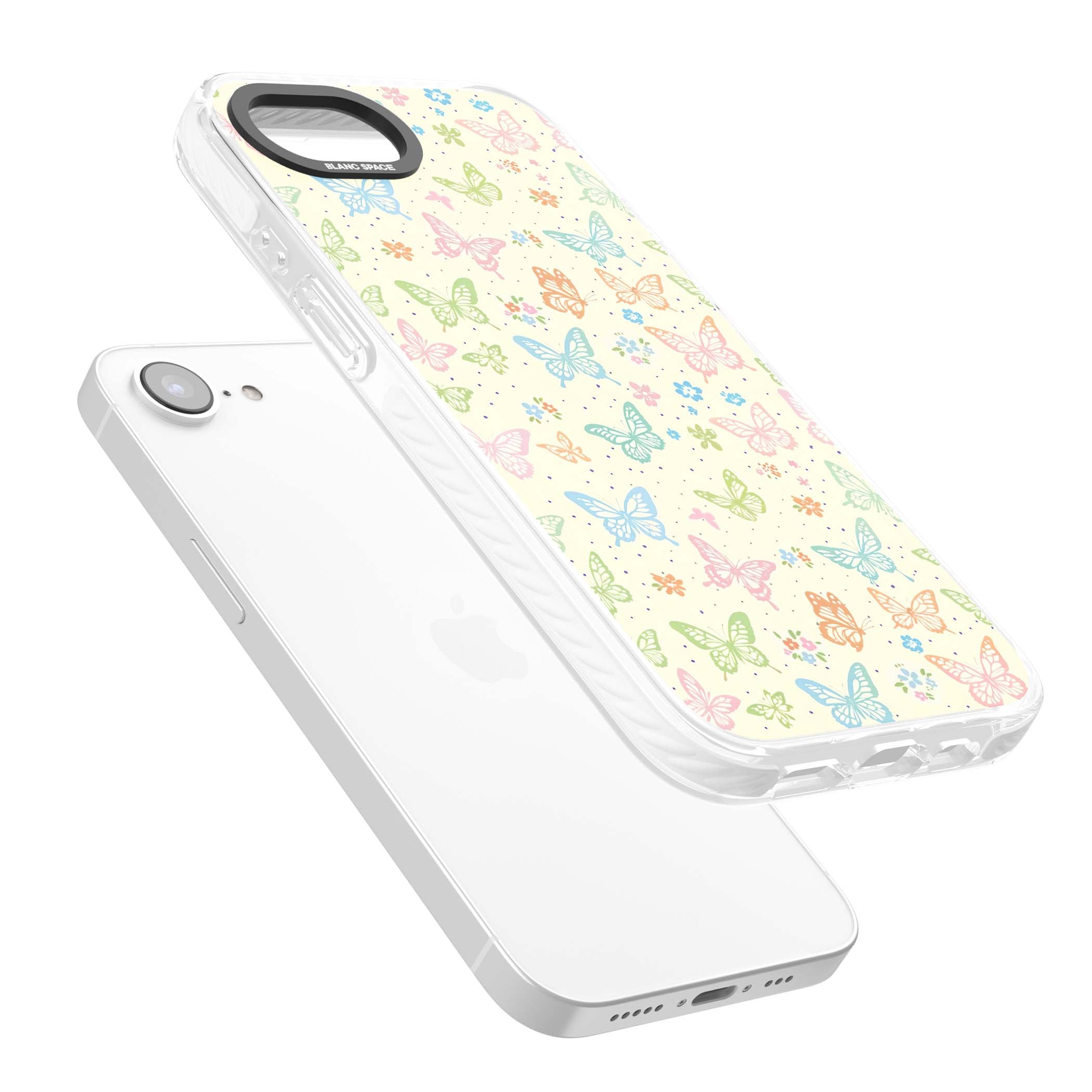 Sugar Wings cottagecore iPhone case featuring rainbow pastel butterflies, tiny wildflowers, and a cream background | Impact Magsafe case for iPhone 16e, iPhone 17e