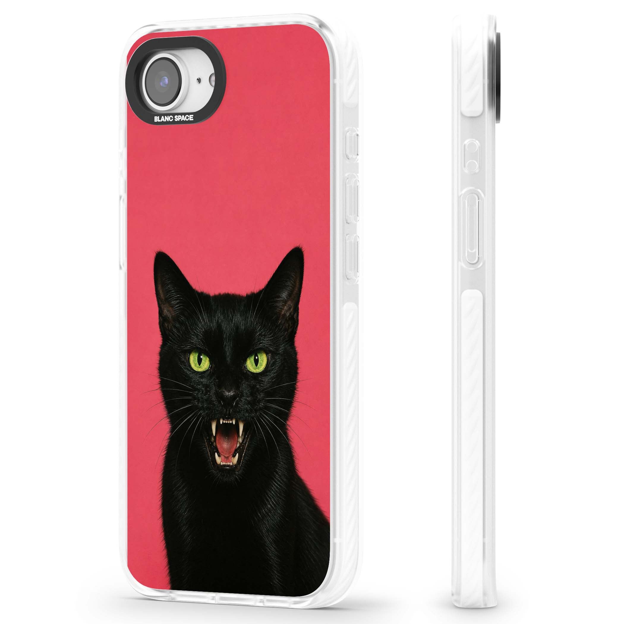Hissin' Baddie black cat iPhone case featuring a hissing feline with green eyes on a hot pink background | Impact Magsafe case for iPhone 16e, iPhone 17e