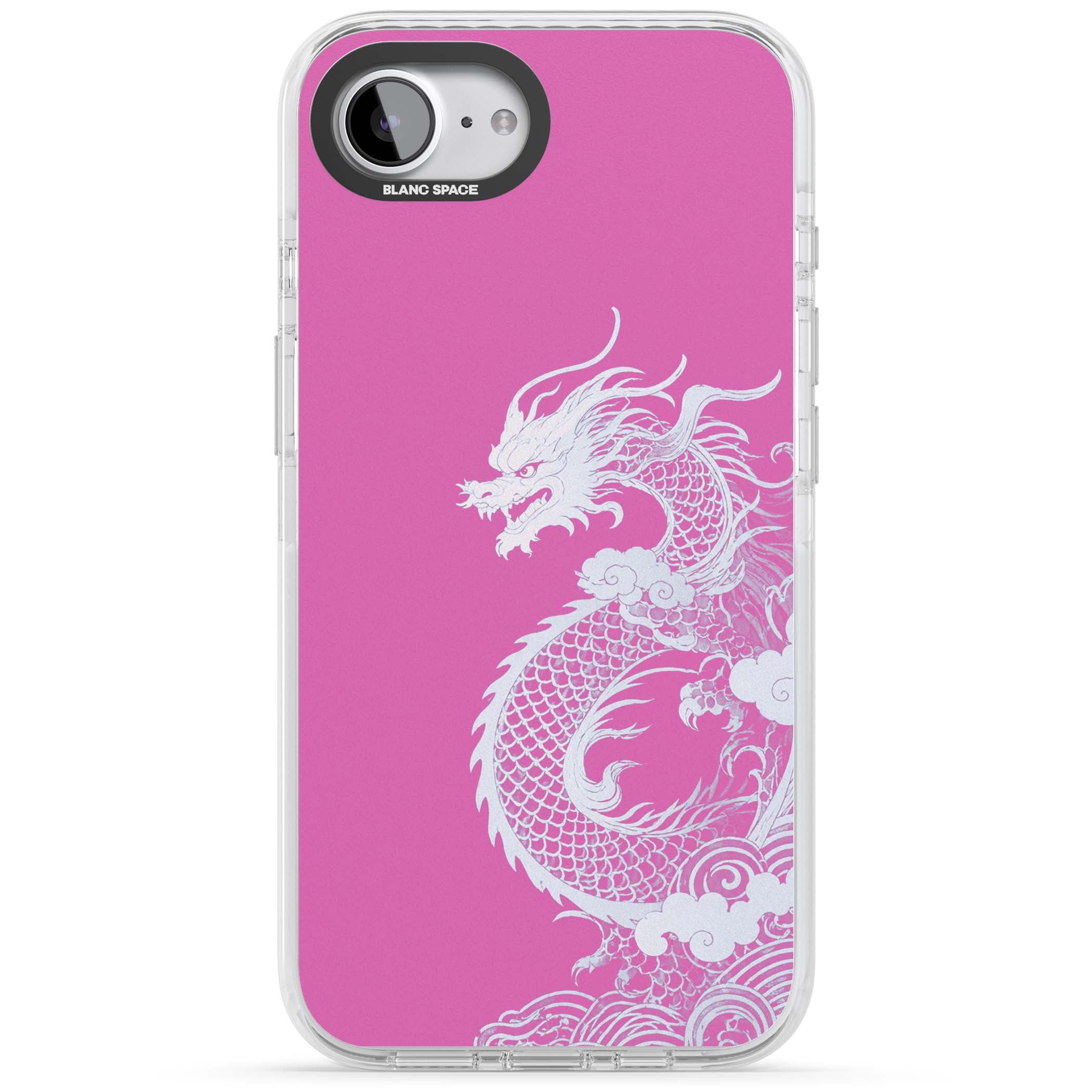 Pink Empress chinese dragon iPhone case featuring a white dragon, swirling clouds and pink dragon wallpaper backdrop | Impact Magsafe case for iPhone 16e, iPhone 17e