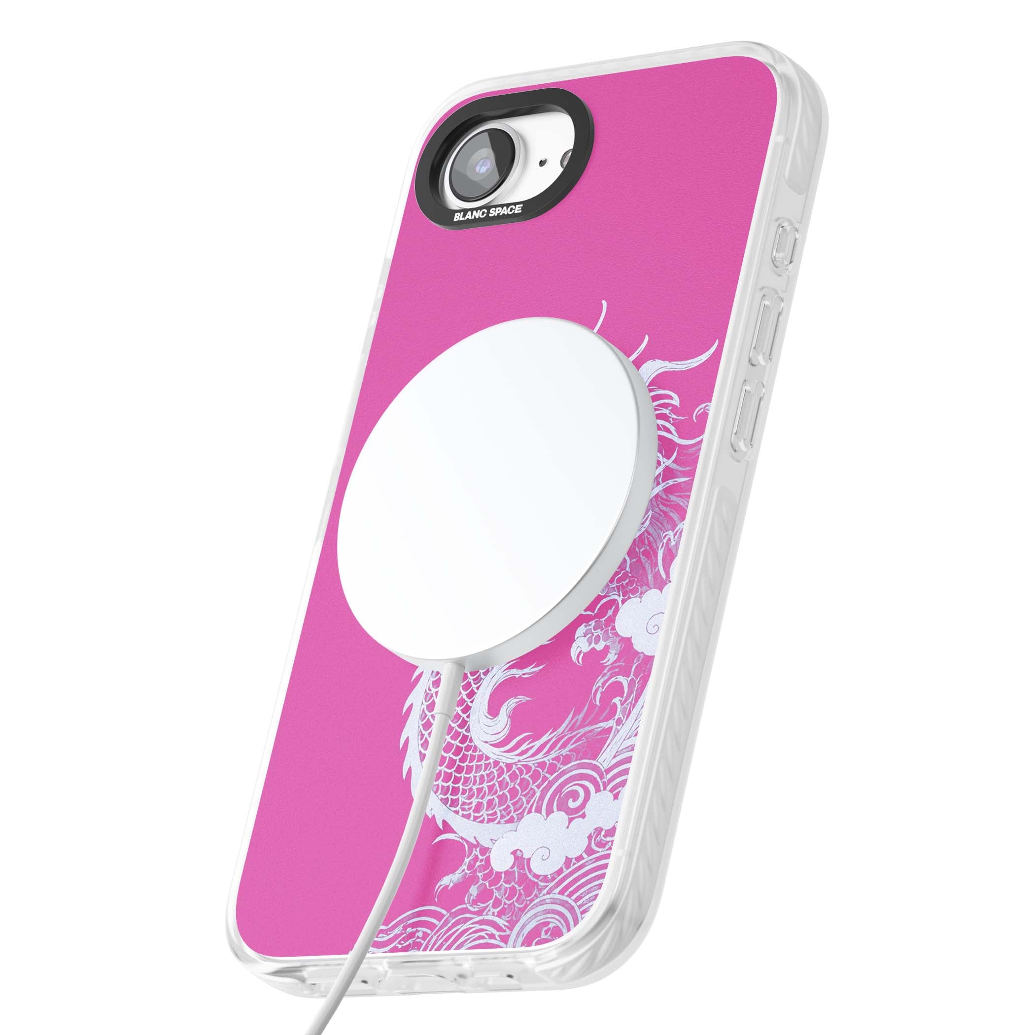 Pink Empress chinese dragon iPhone case featuring a white dragon, swirling clouds and pink dragon wallpaper backdrop | Impact Magsafe case for iPhone 16e, iPhone 17e