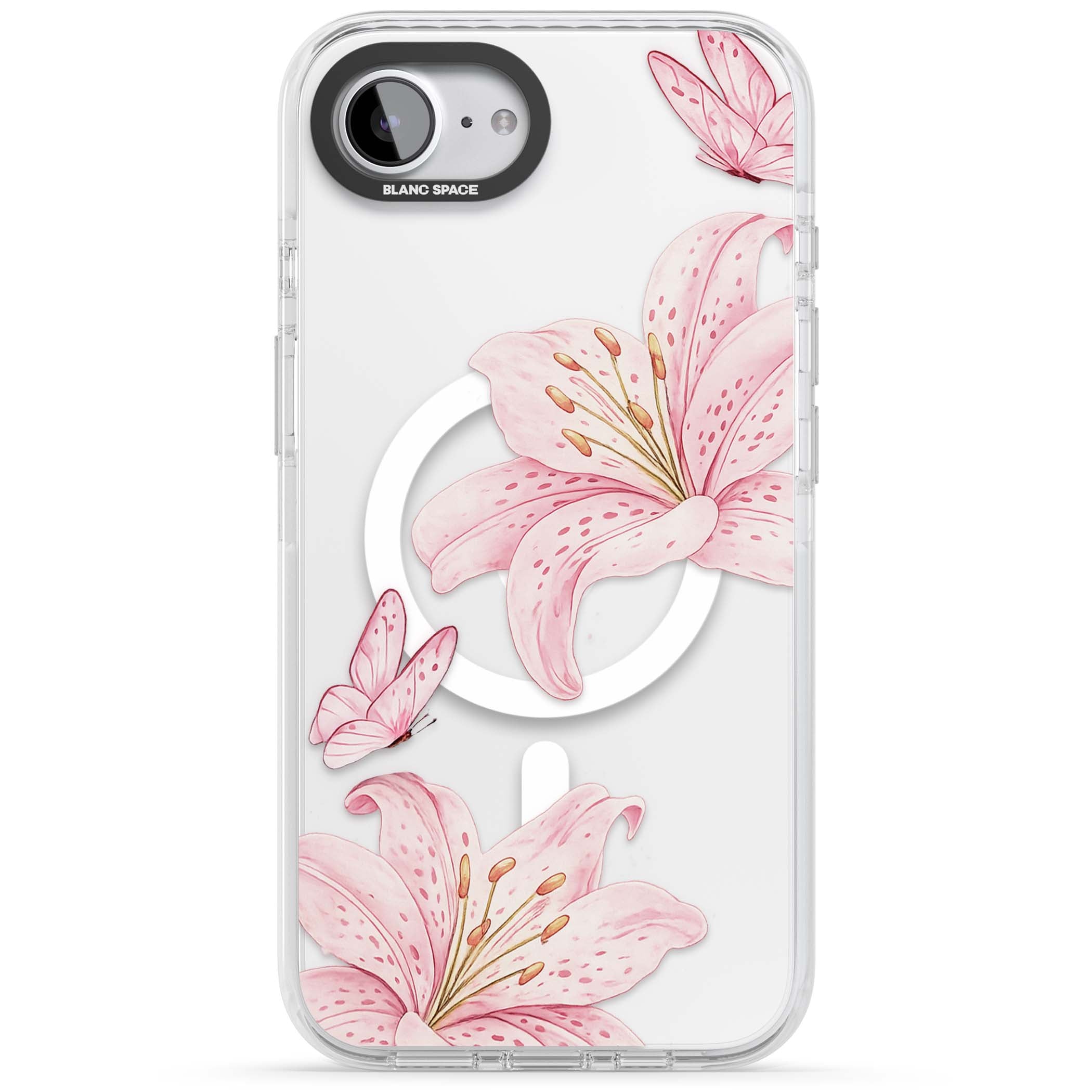 Lily Whisper floral iPhone case featuring pink watercolour lilies and delicate butterflies on a clear background | Impact Magsafe case for iPhone 16e, iPhone 17e