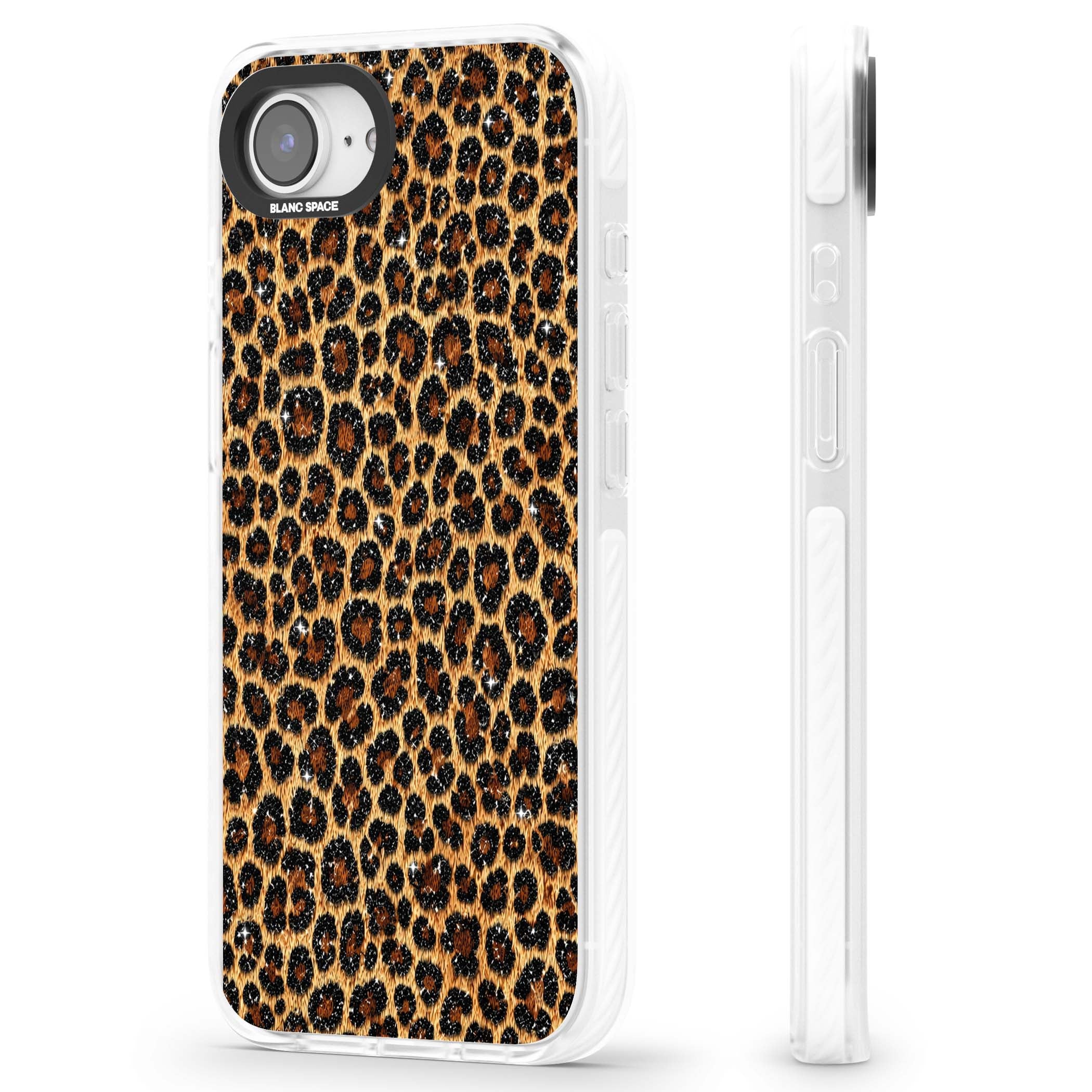 Diamond Leopard leopard print iPhone case featuring golden tan fur, black rosette spots and subtle glitter sparkle | Impact Magsafe case for iPhone 16e, iPhone 17e