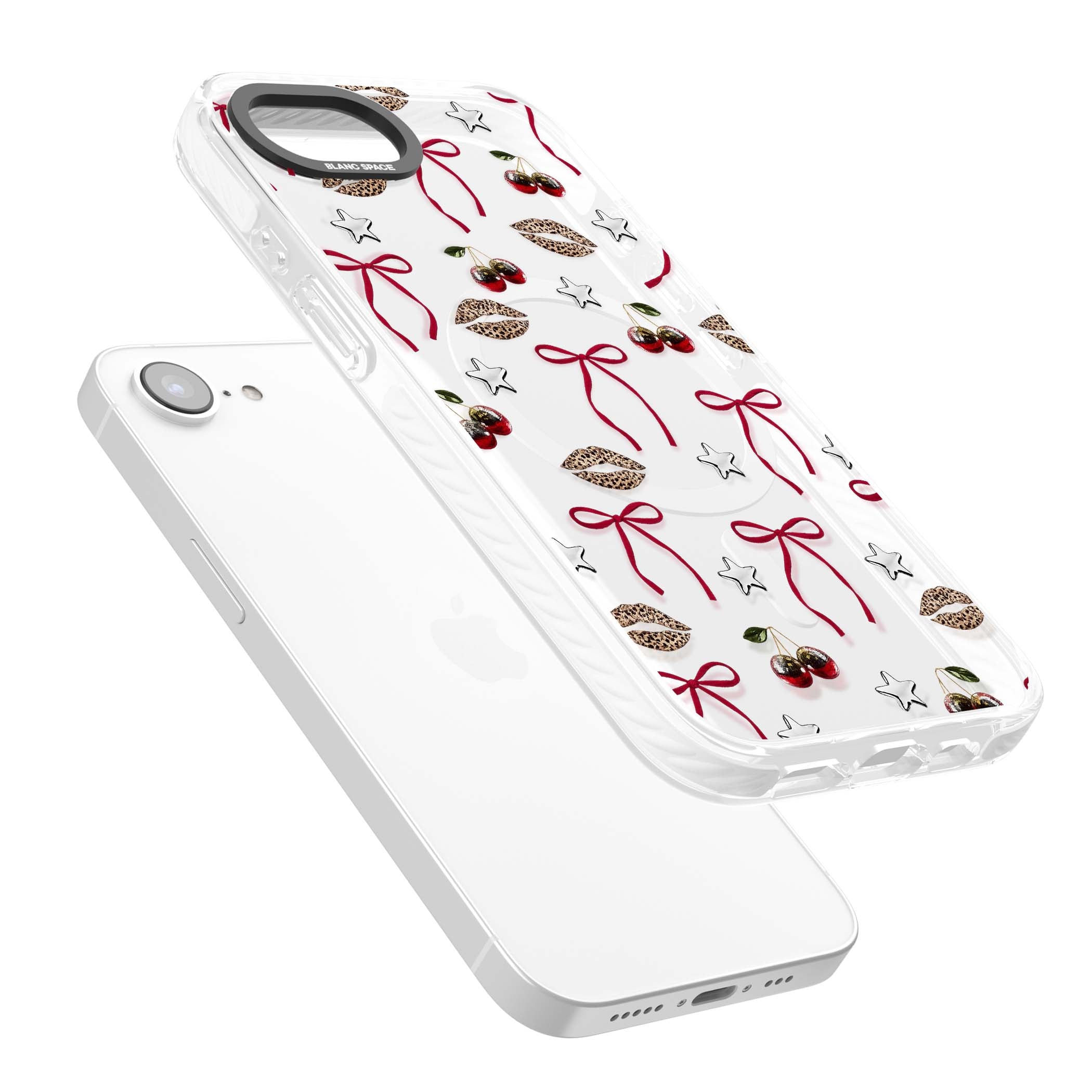 Starlet coquette iPhone case featuring red ribbon bows, disco cherries and leopard-print lips | Impact Magsafe case for iPhone 16e, iPhone 17e