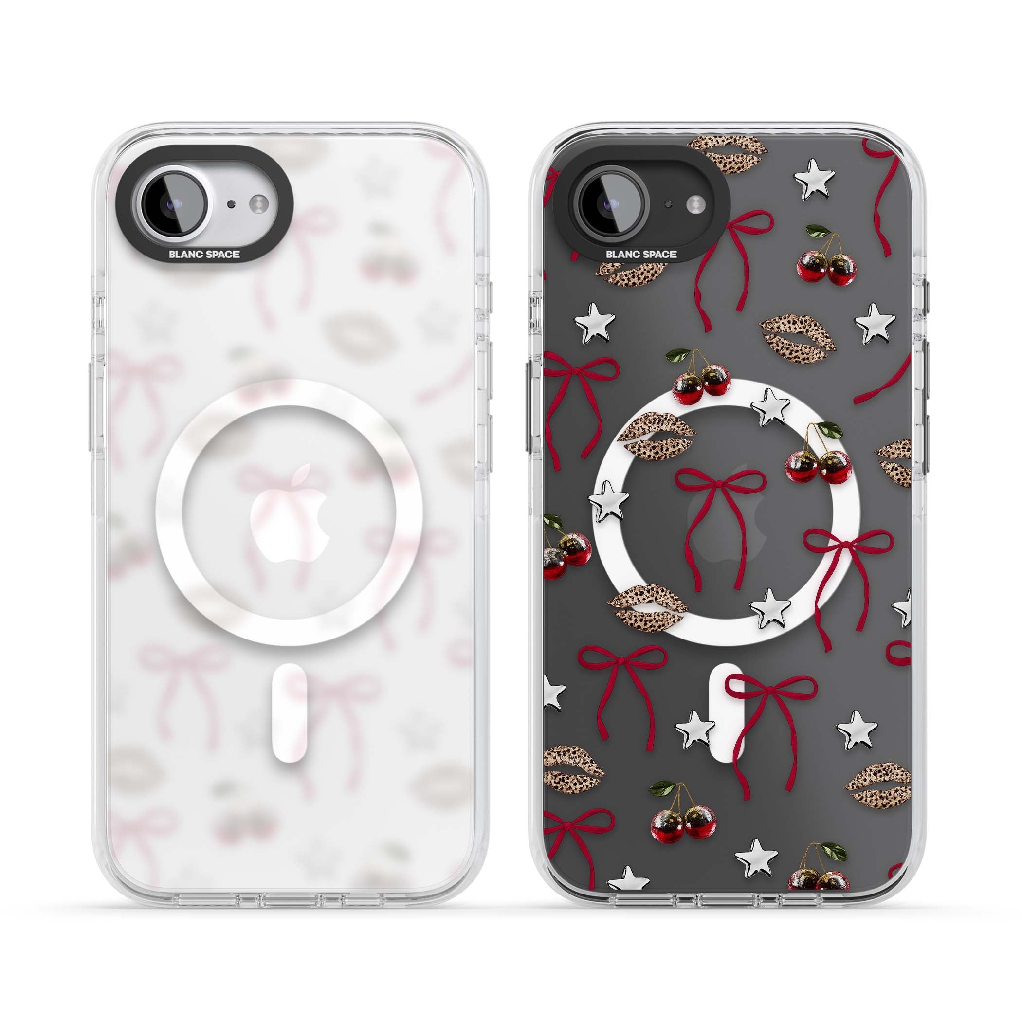 Starlet coquette iPhone case featuring red ribbon bows, disco cherries and leopard-print lips | Impact Magsafe case for iPhone 16e, iPhone 17e