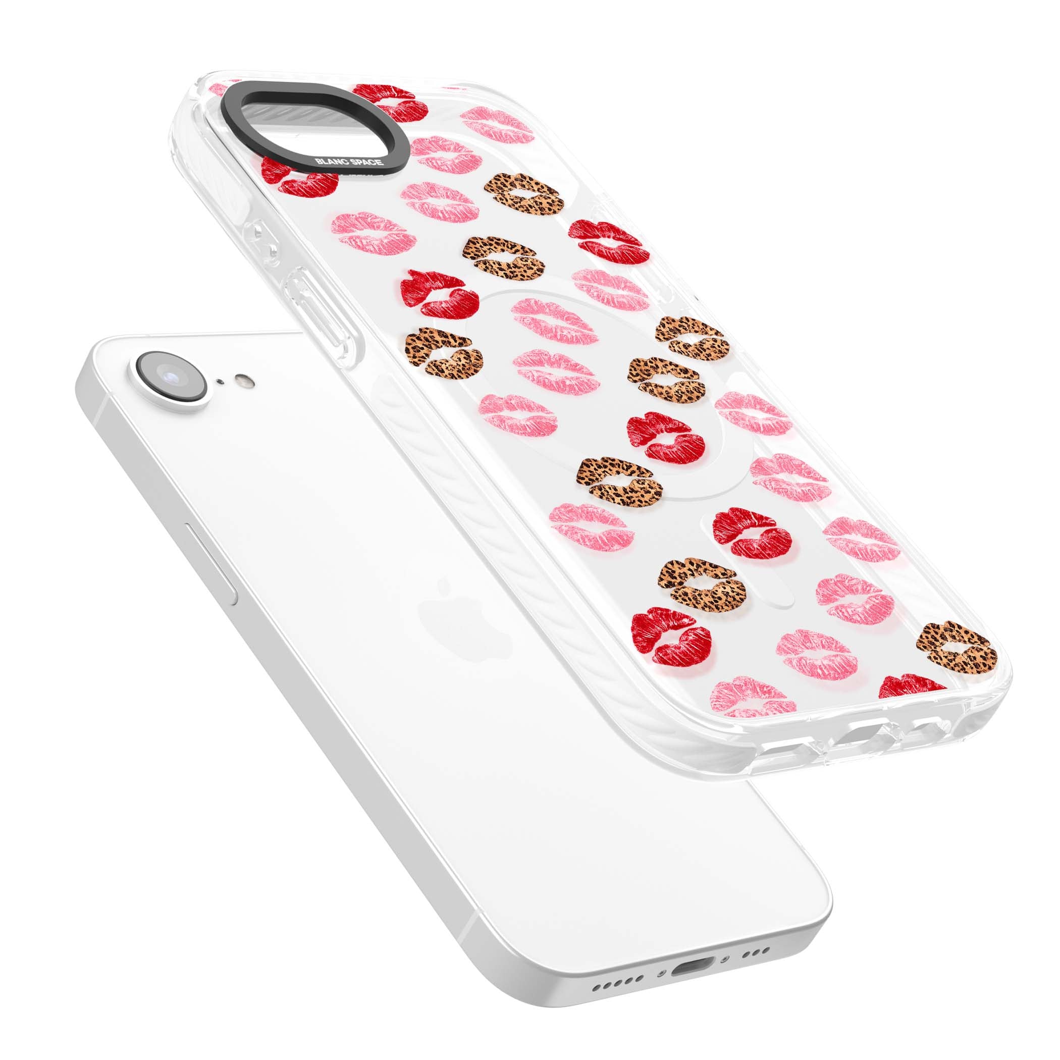 Wild Kisses coquette iPhone case featuring red, pink and leopard print lipstick kiss marks on a clear background | Impact Magsafe case for iPhone 16e, iPhone 17e
