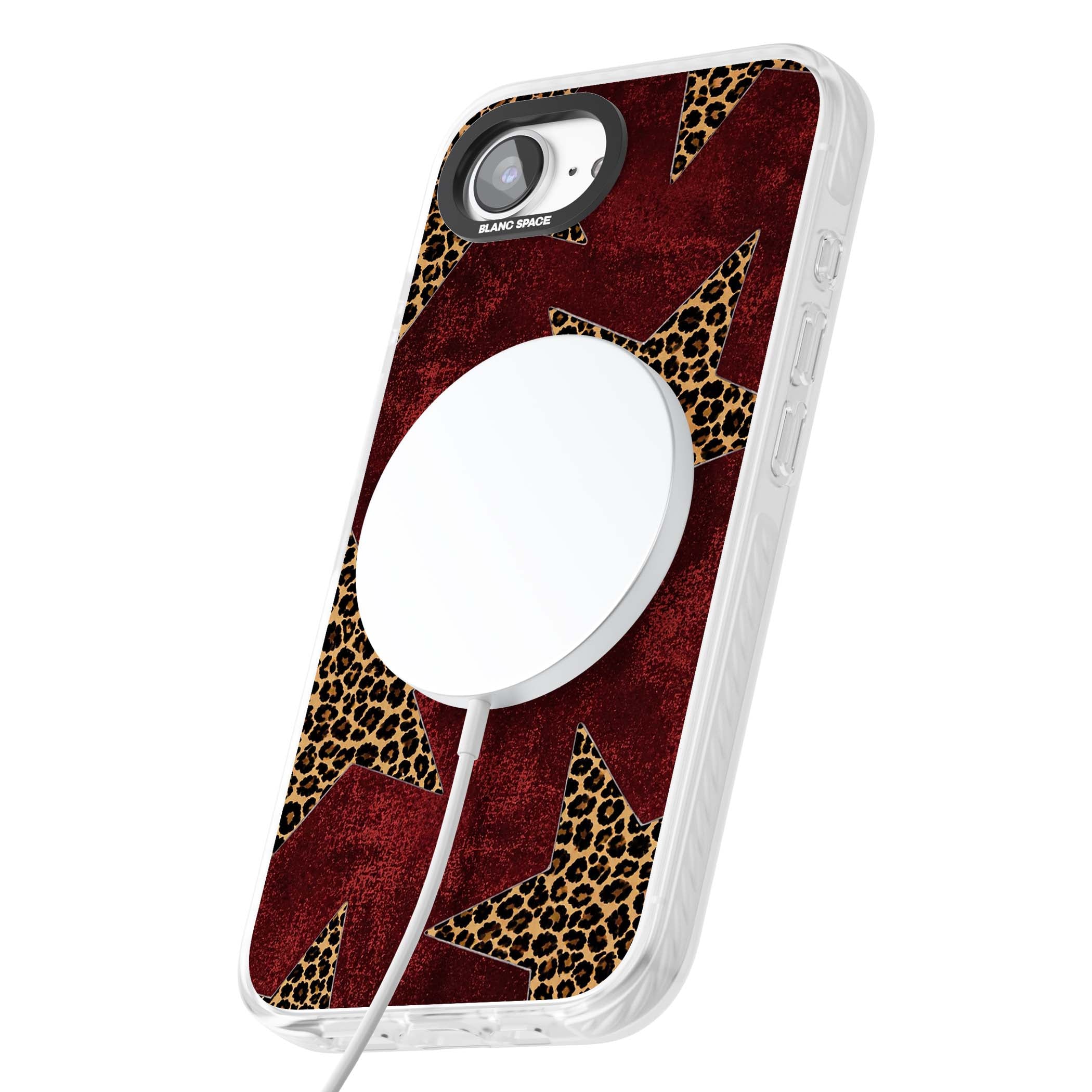 Showgirl leopard print iPhone case featuring cheetah print stars on distressed red grunge background | Impact Magsafe case for iPhone 16e, iPhone 17e