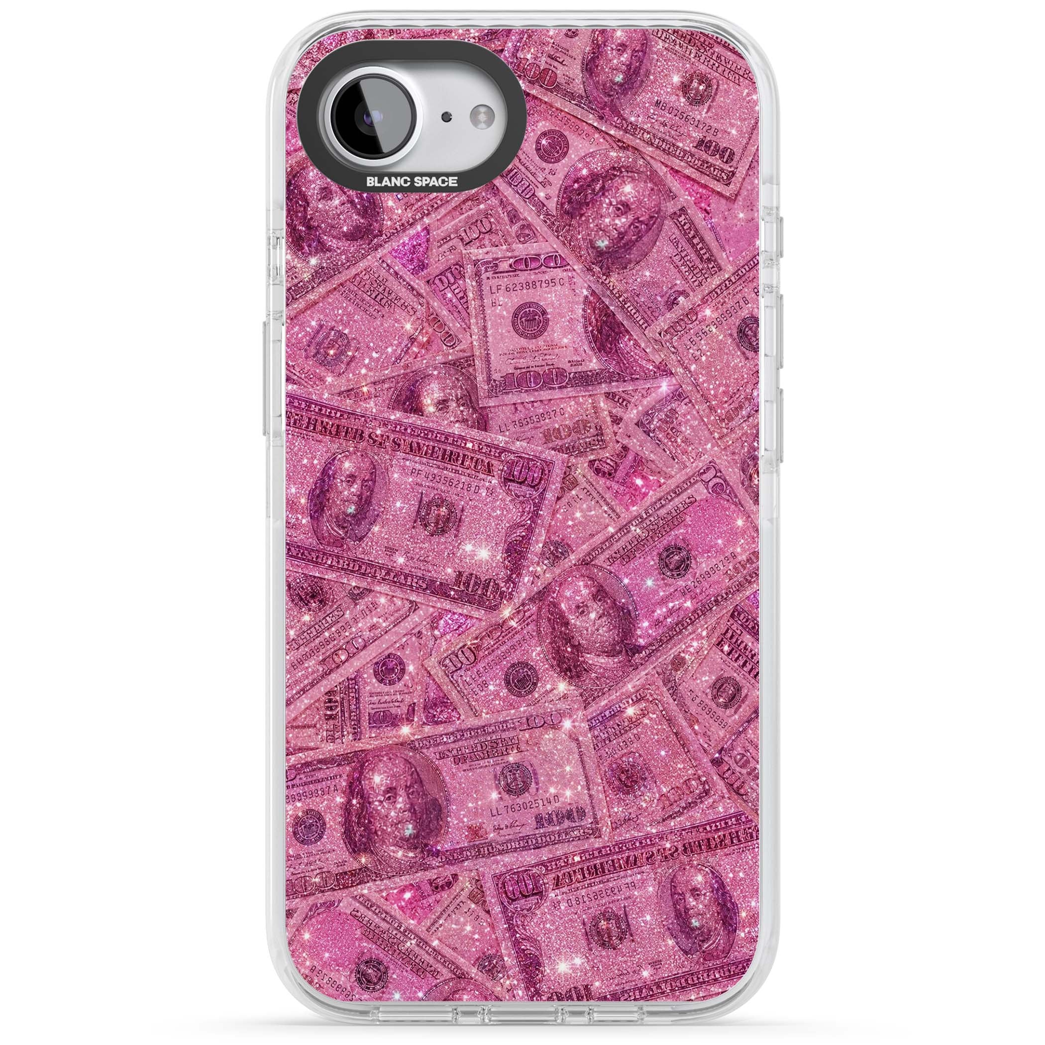 Glamorous baddie iPhone case featuring pink glitter hundred dollar bills and sparkling money wallpaper design | Impact Magsafe case for iPhone 16e, iPhone 17e