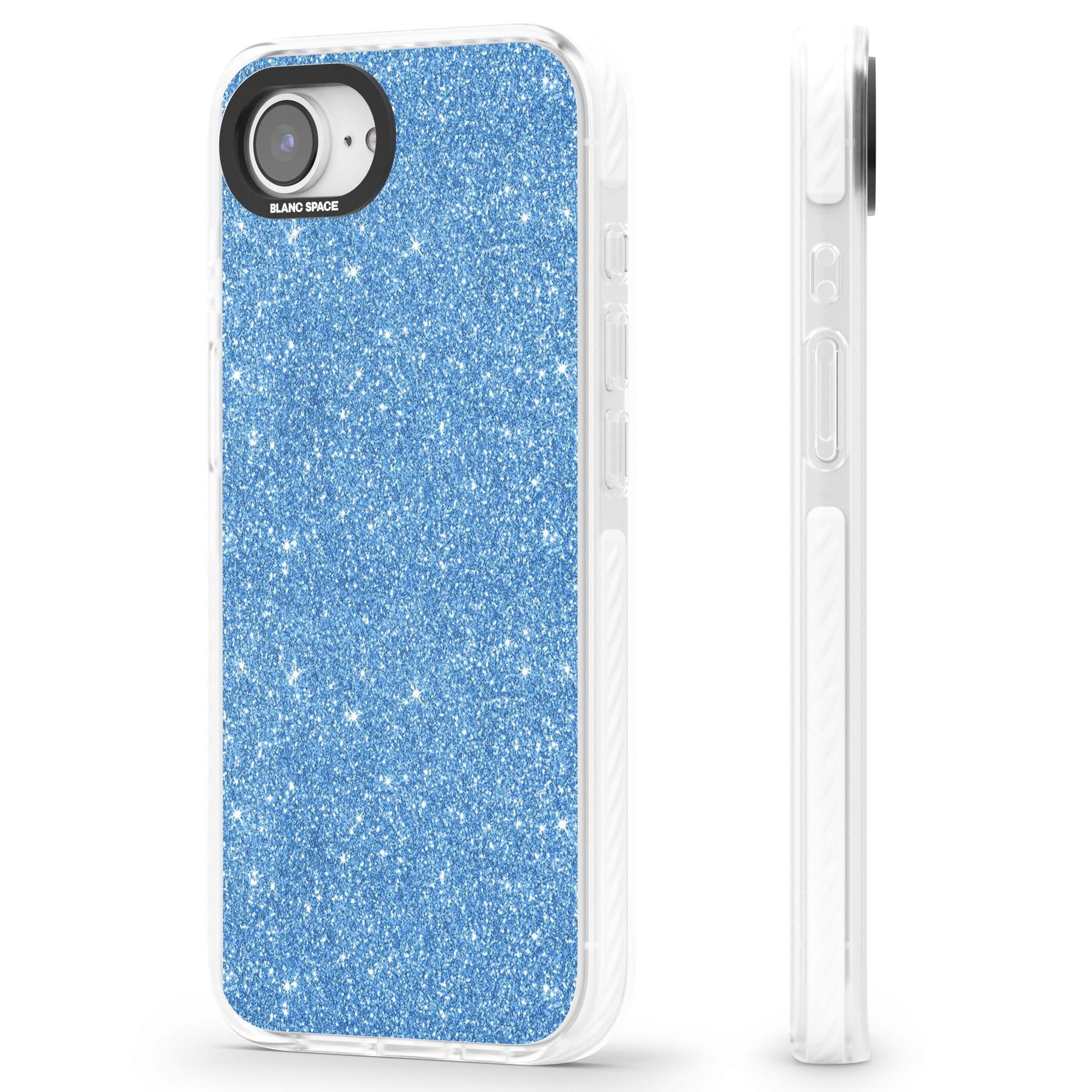 Blue Glitter blue glitter iPhone case featuring dense sparkling cerulean glitter with a glamorous shimmering finish | Impact Magsafe case for iPhone 16e, iPhone 17e