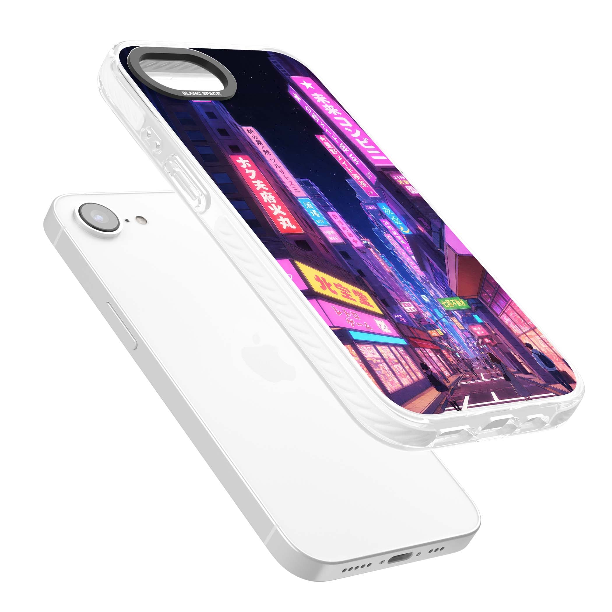 Shibuya At Night Japanese neon city iPhone case featuring glowing kanji signs, pink storefronts and a Tokyo street at n | Impact Magsafe case for iPhone 16e, iPhone 17e