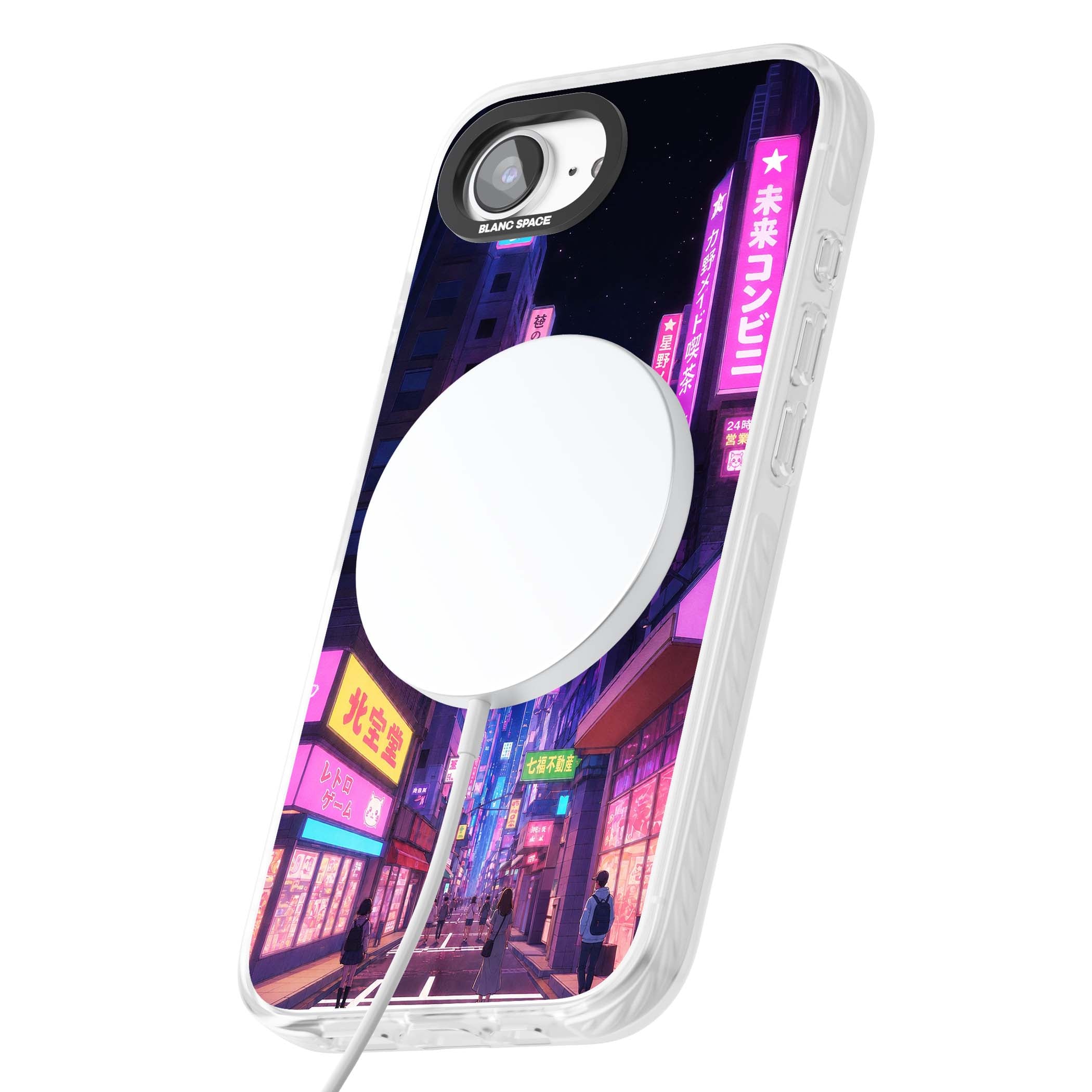 Shibuya At Night Japanese neon city iPhone case featuring glowing kanji signs, pink storefronts and a Tokyo street at n | Impact Magsafe case for iPhone 16e, iPhone 17e