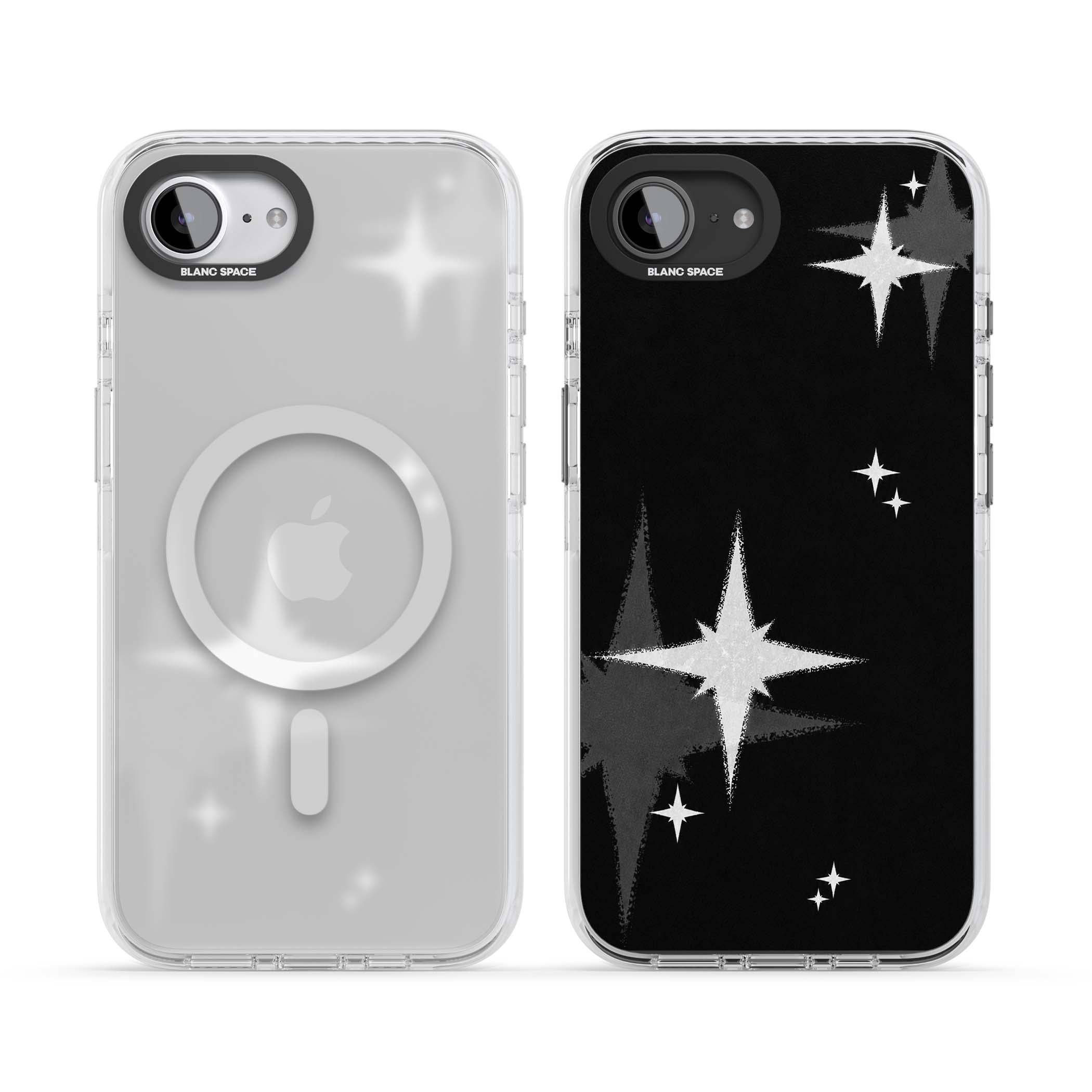 Black Sparkle celestial iPhone case featuring white sparkle stars on a black night sky background | Impact Magsafe case for iPhone 16e, iPhone 17e