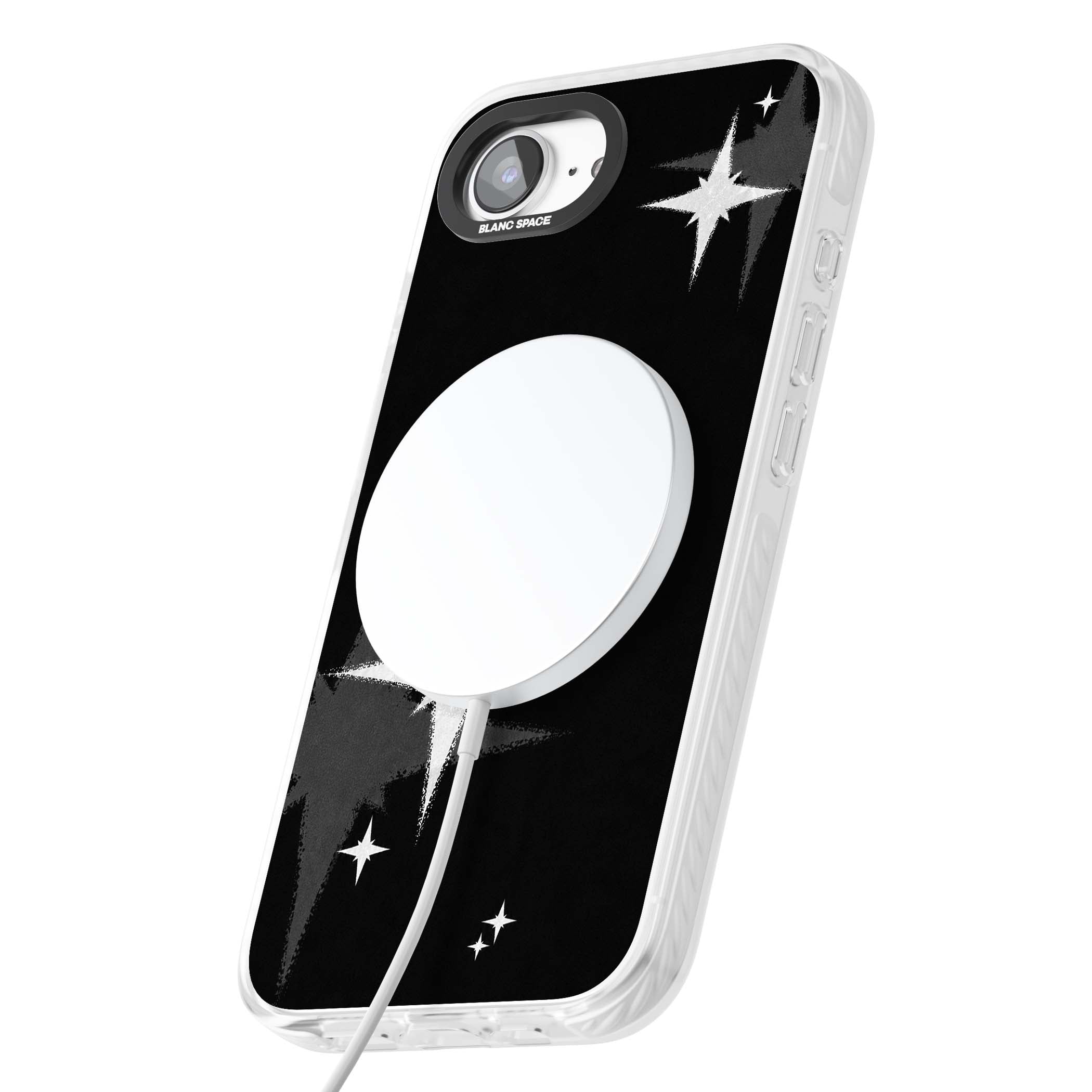 Black Sparkle celestial iPhone case featuring white sparkle stars on a black night sky background | Impact Magsafe case for iPhone 16e, iPhone 17e