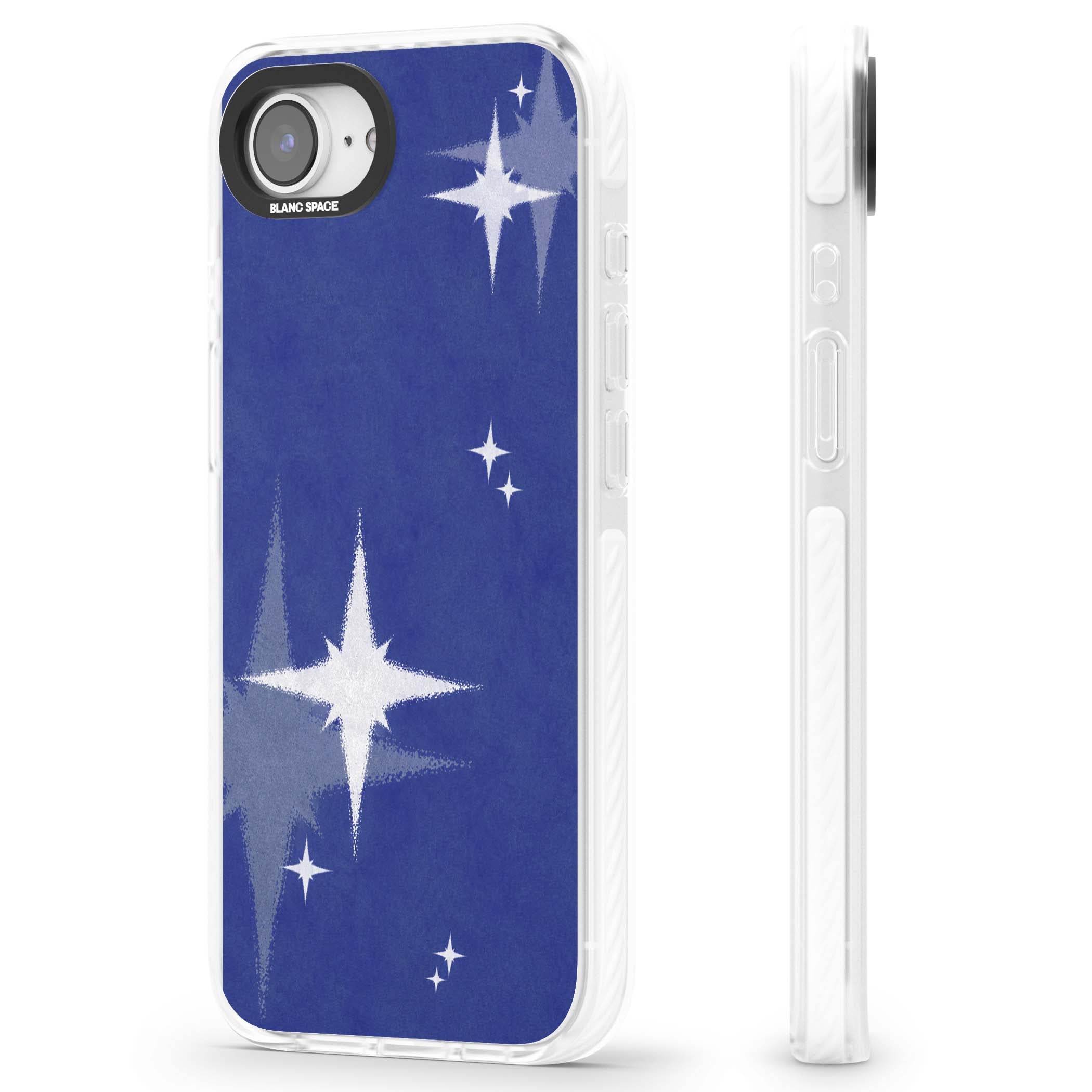 Blue Sparkle celestial iPhone case featuring sparkling silver stars on a deep blue painterly night sky | Impact Magsafe case for iPhone 16e, iPhone 17e