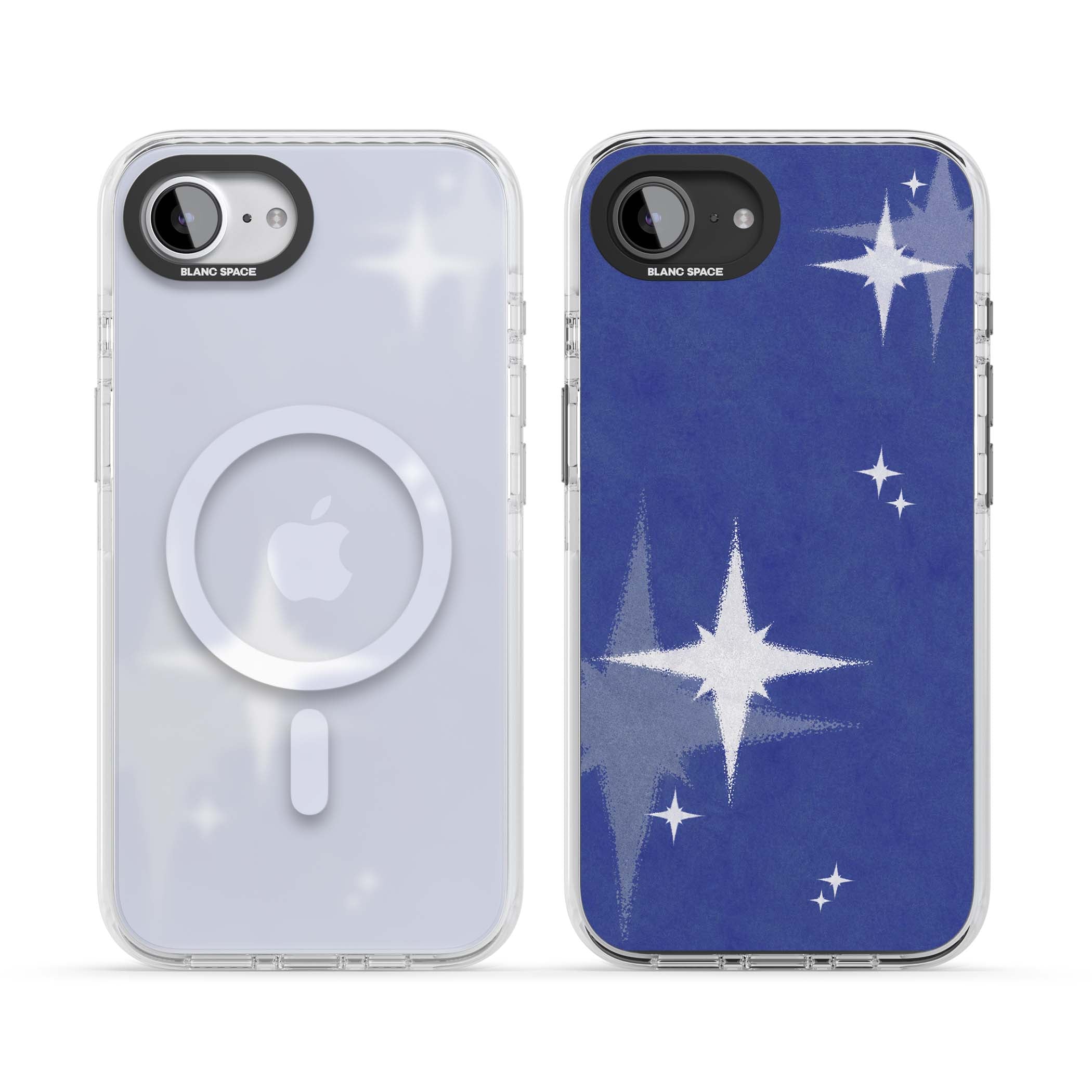 Blue Sparkle celestial iPhone case featuring sparkling silver stars on a deep blue painterly night sky | Impact Magsafe case for iPhone 16e, iPhone 17e