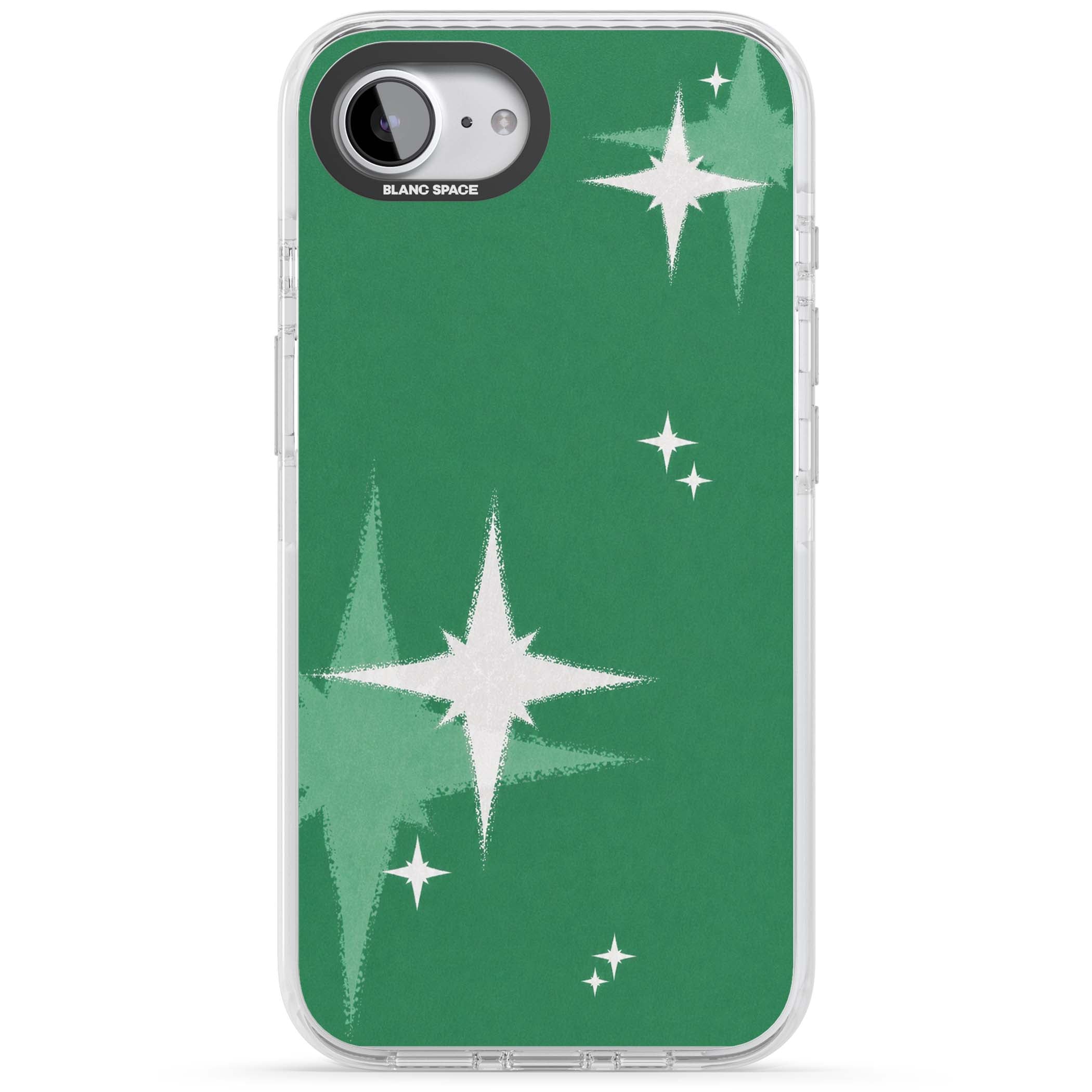 Green Sparkle celestial iPhone case featuring sparkling white four-point stars on a deep green background | Impact Magsafe case for iPhone 16e, iPhone 17e