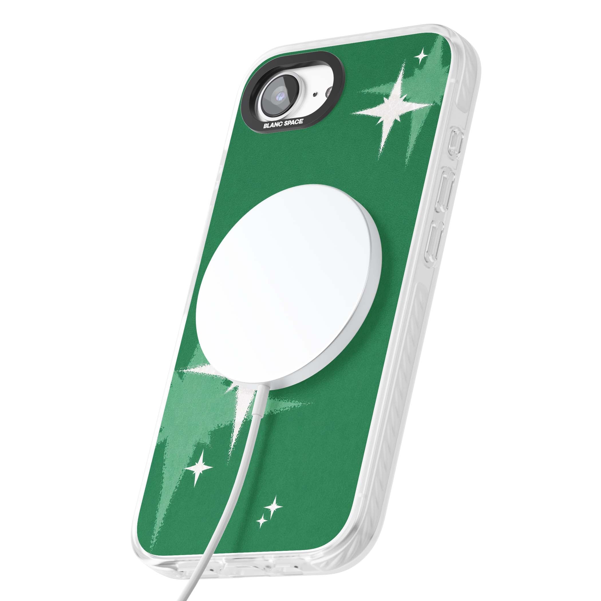 Green Sparkle celestial iPhone case featuring sparkling white four-point stars on a deep green background | Impact Magsafe case for iPhone 16e, iPhone 17e